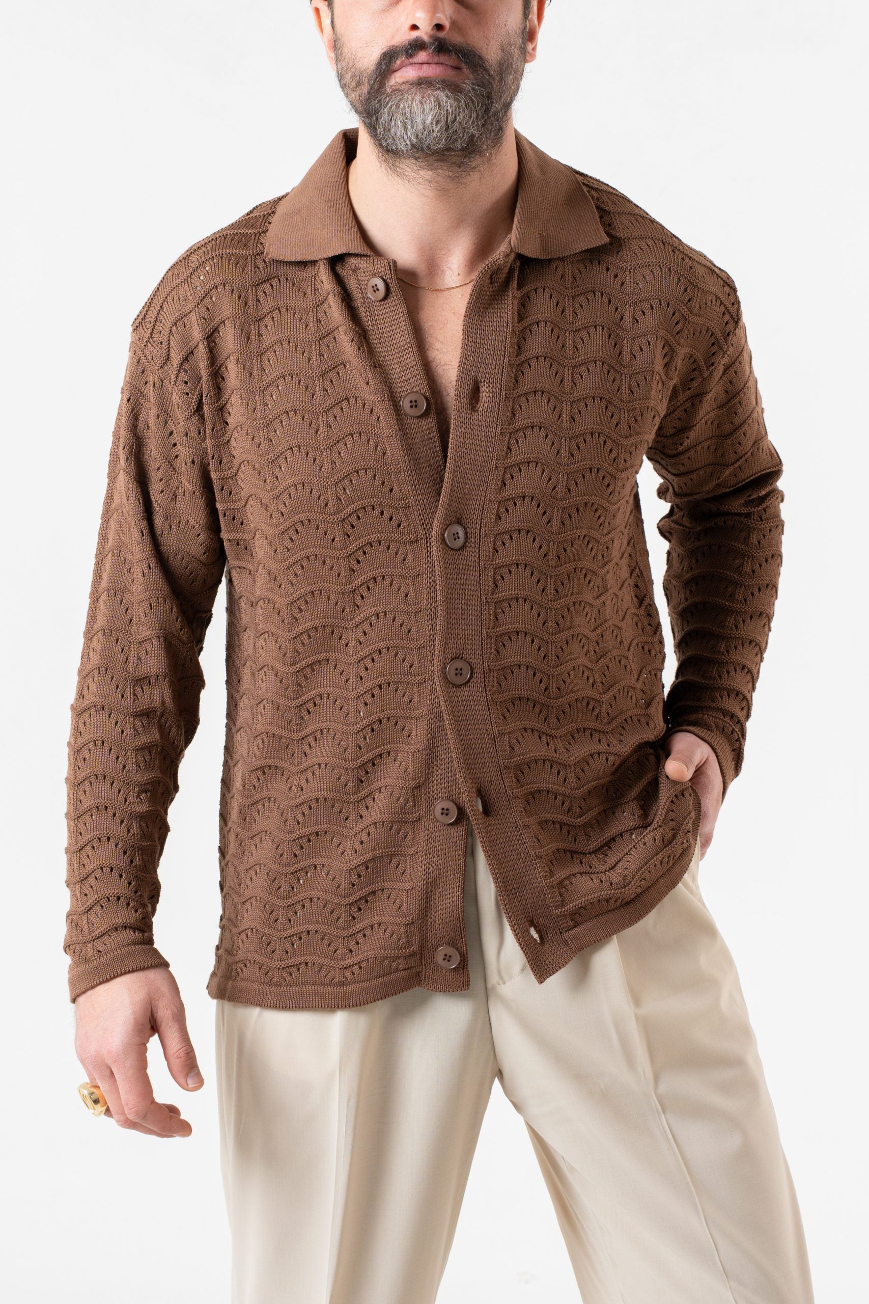 Cardigan Traforato con Collo Polo Cacao