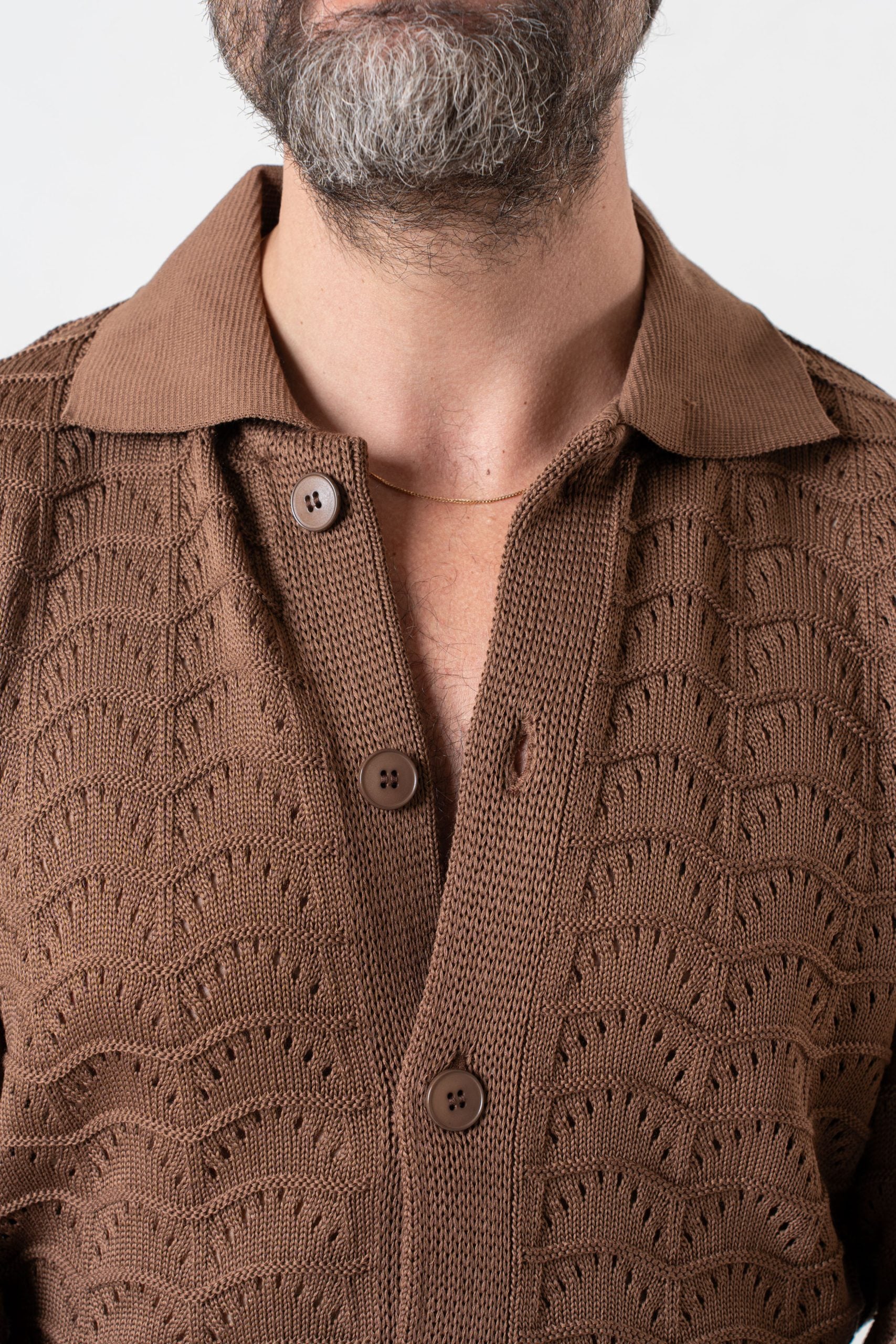 Cardigan Traforato con Collo Polo Cacao