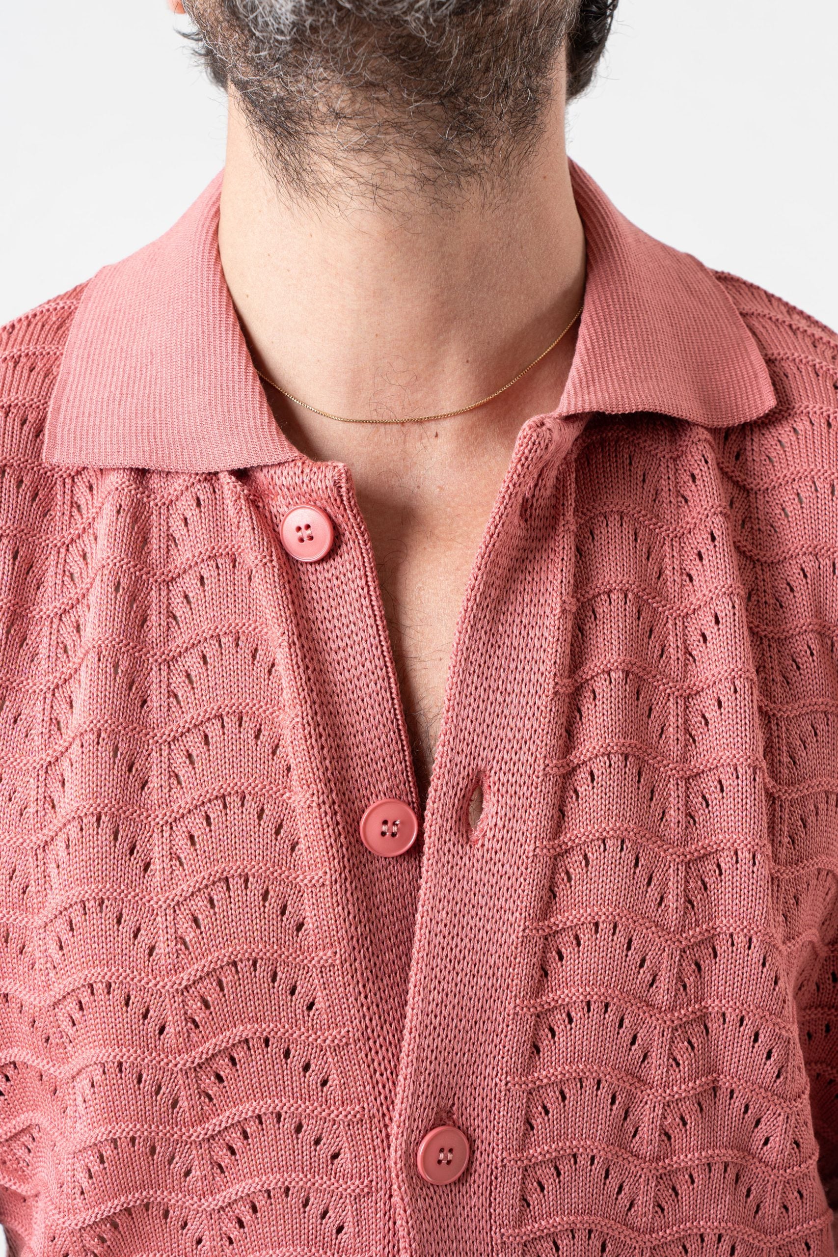 Perforated Cardigan with Peach Polo Collar