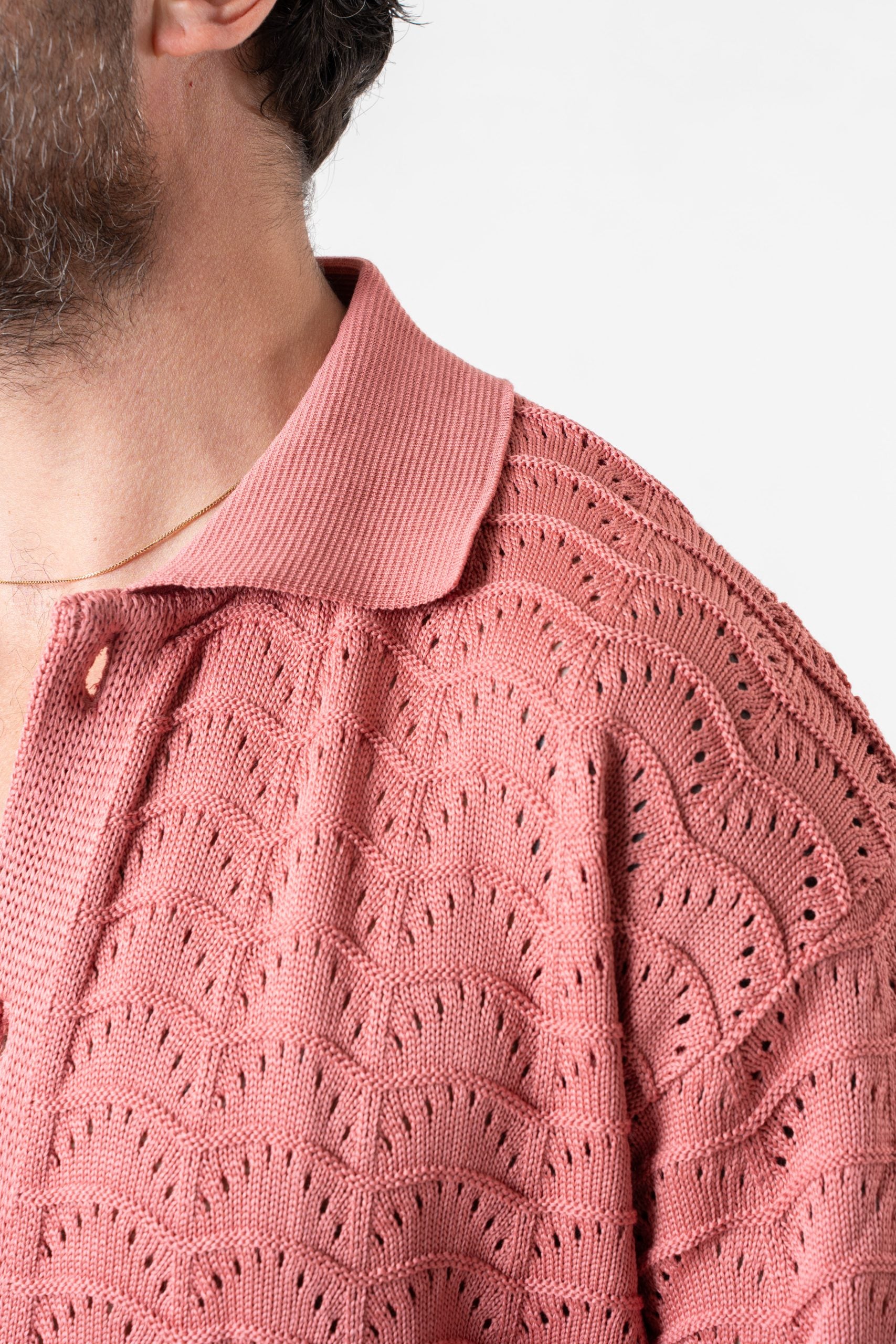 Perforated Cardigan with Peach Polo Collar