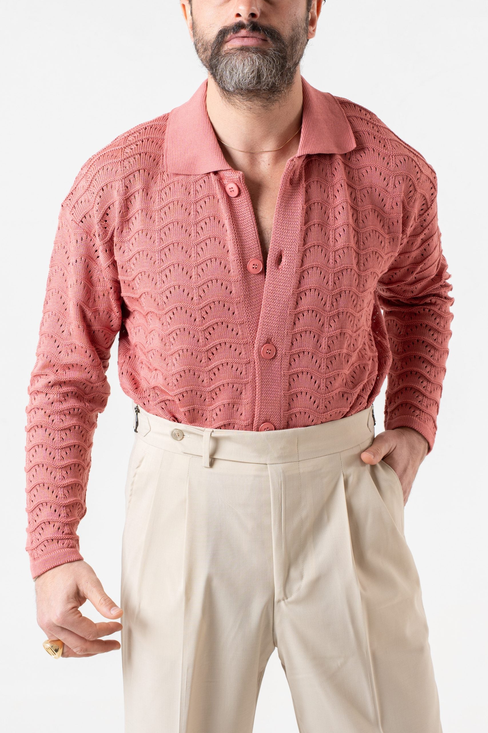 Cardigan Traforato con Collo Polo Pesca