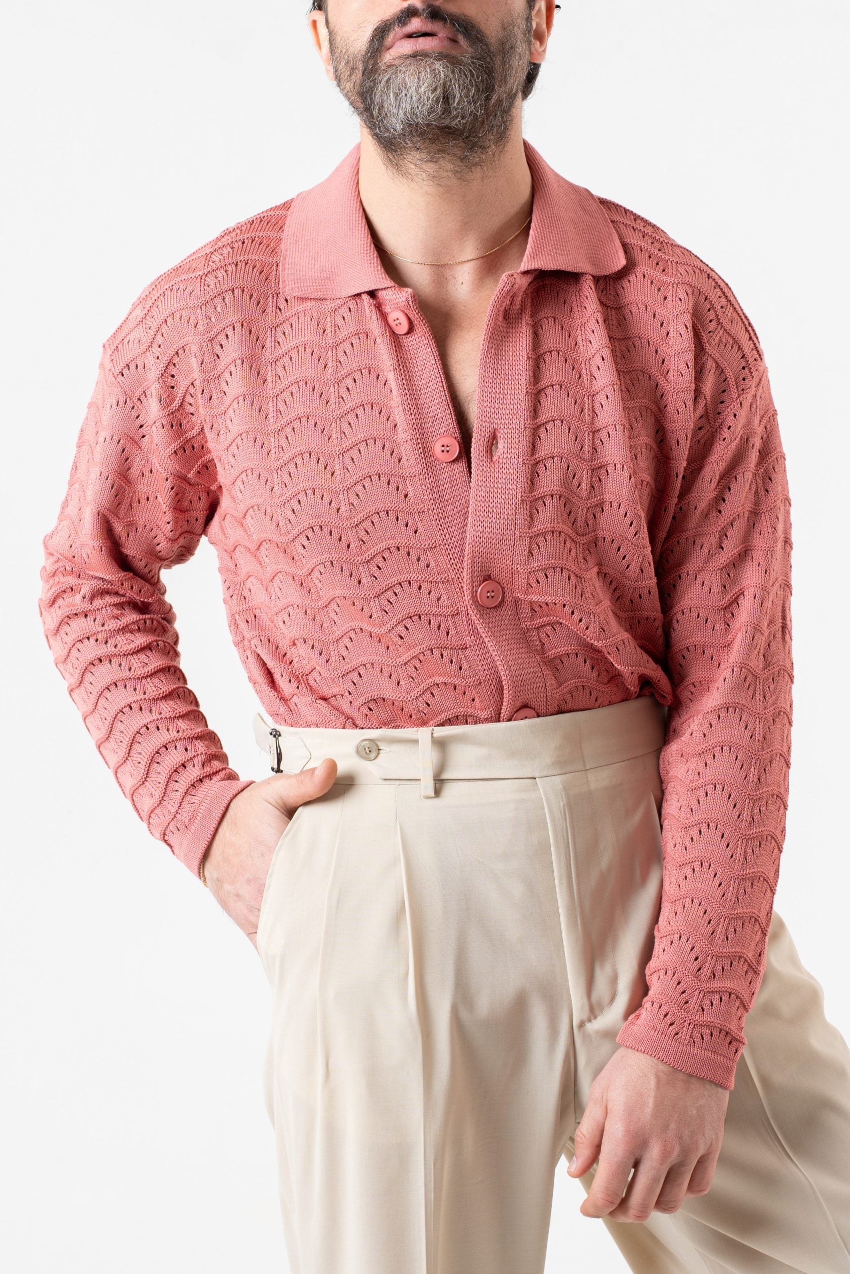 Perforated Cardigan with Peach Polo Collar