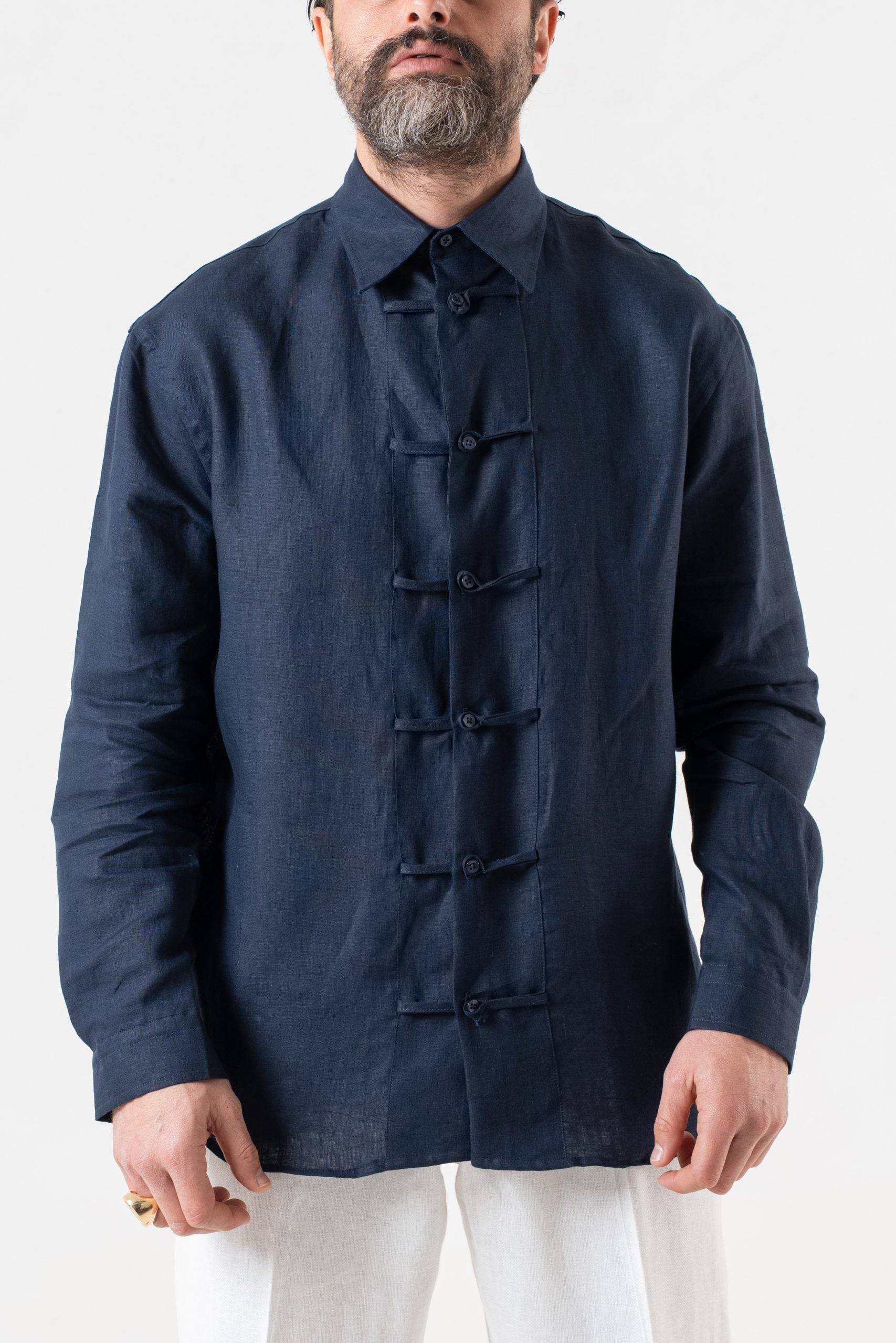 Camicia in Lino con Alamari in 100% Lino Blu