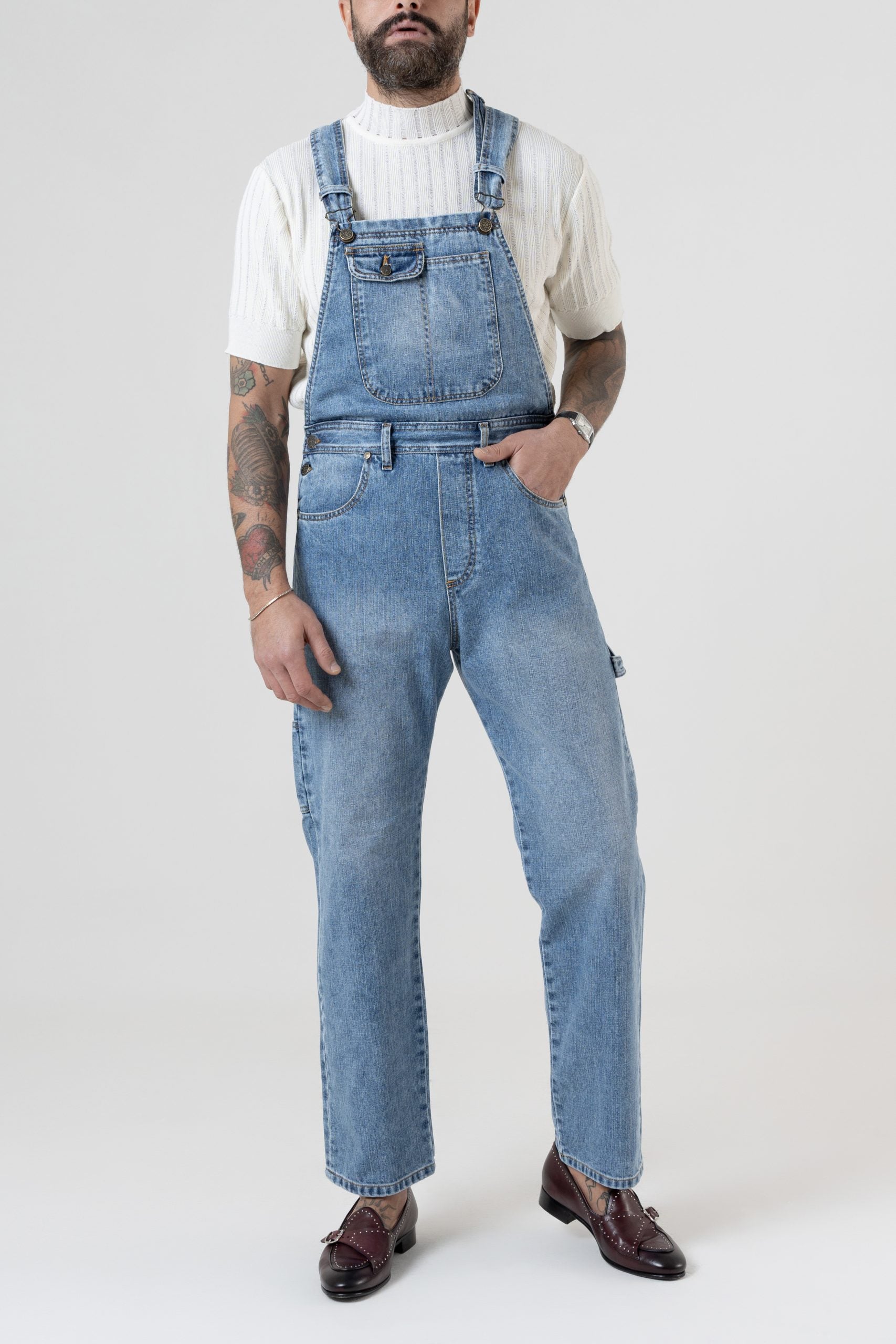 Salopette in Jeans Vita Alta e Fondo Ampio Lavaggio Chiaro