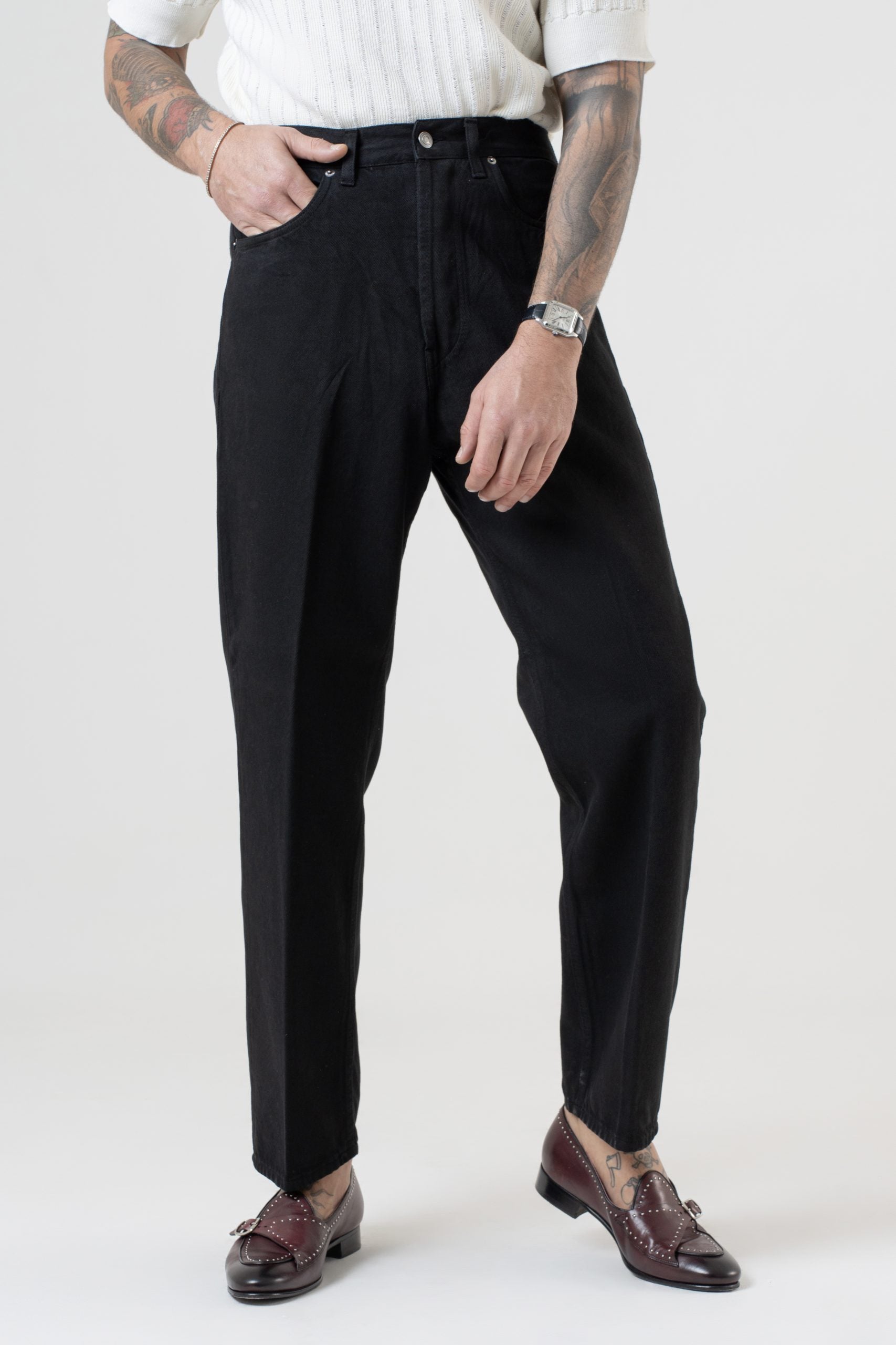 Jeans Vita Alta Fondo Ampio Nero