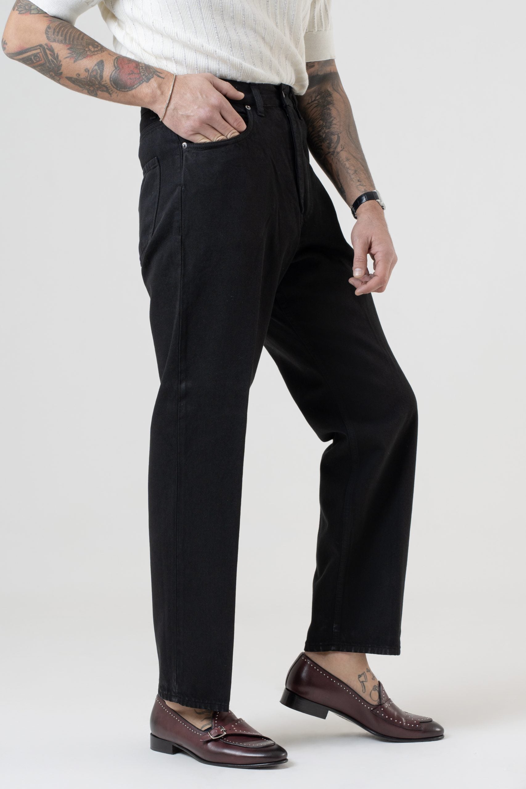 Jeans Vita Alta Fondo Ampio Nero