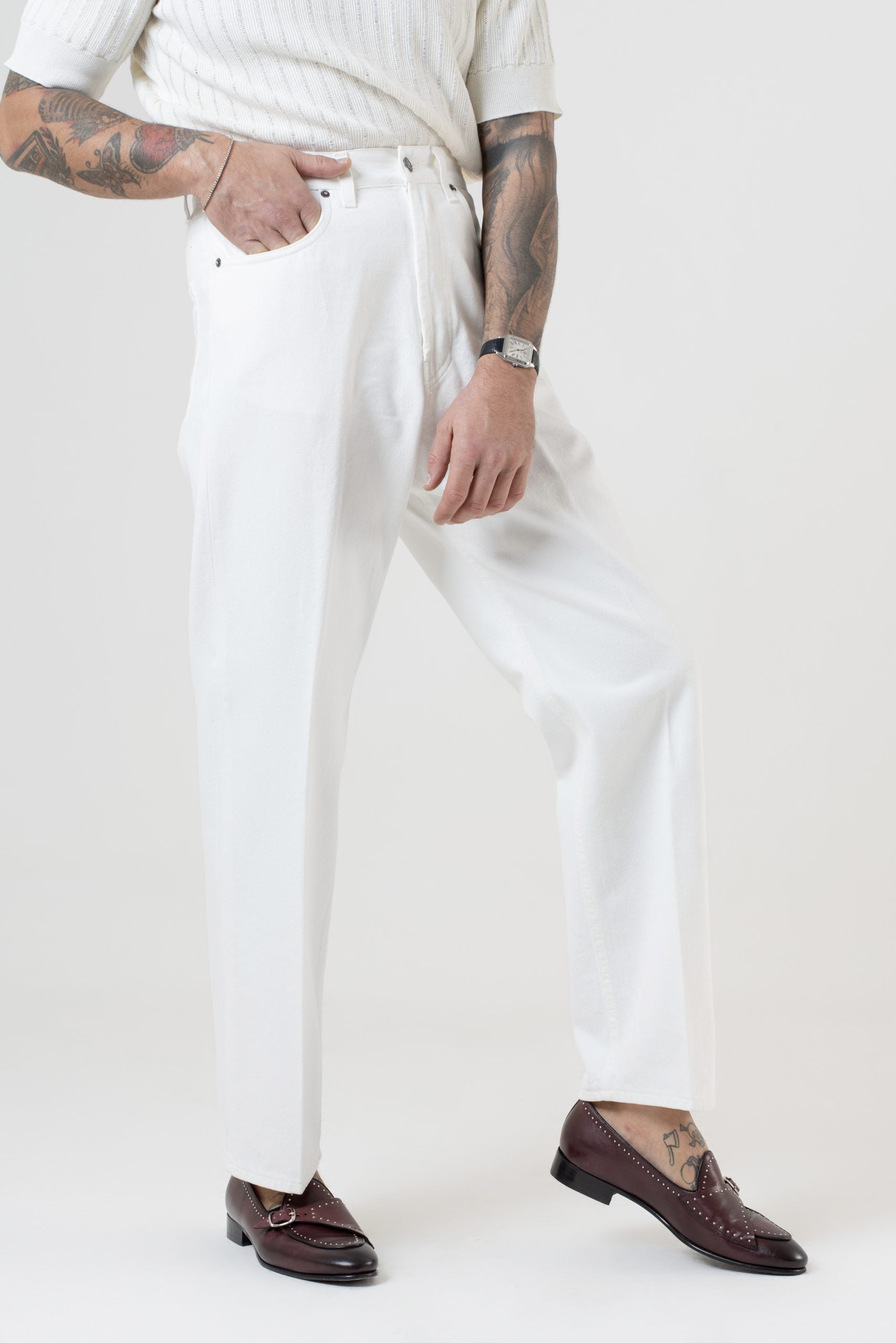 Jeans Vita Alta Fondo Ampio Bianco