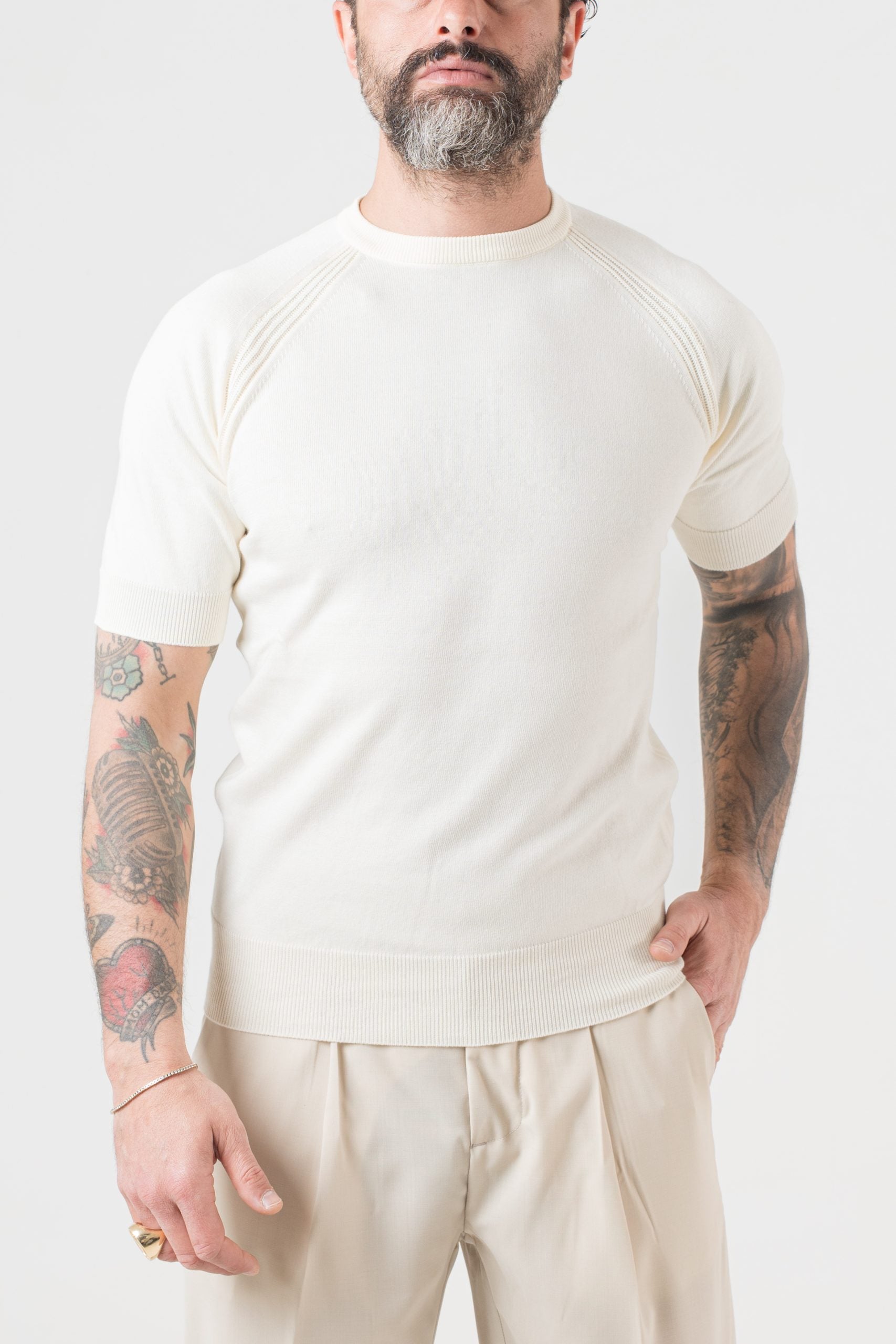 T-Shirt in Filo Manica Raglan Panna