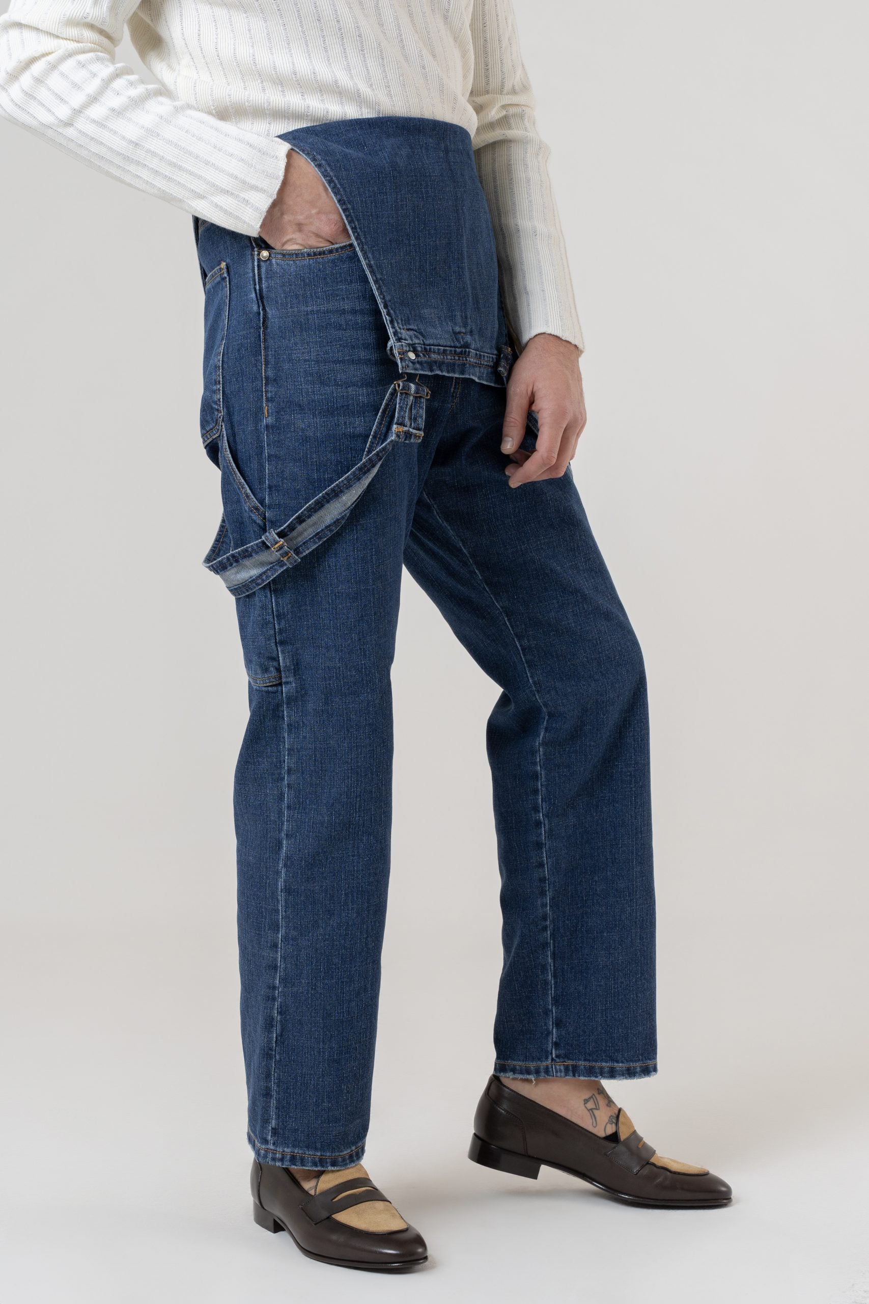 Salopette in Jeans Vita Alta e Fondo Ampio Lavaggio Scuro