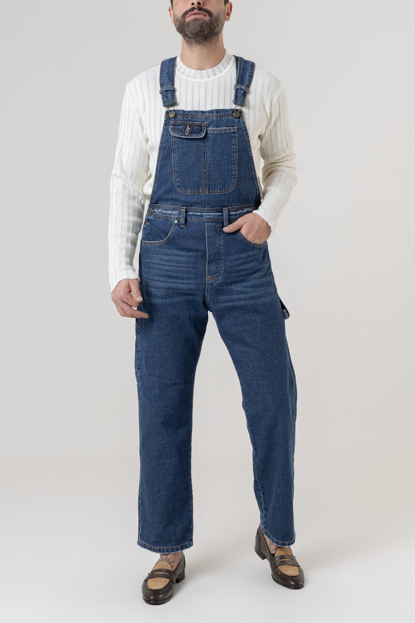 Salopette in Jeans Vita Alta e Fondo Ampio Lavaggio Scuro