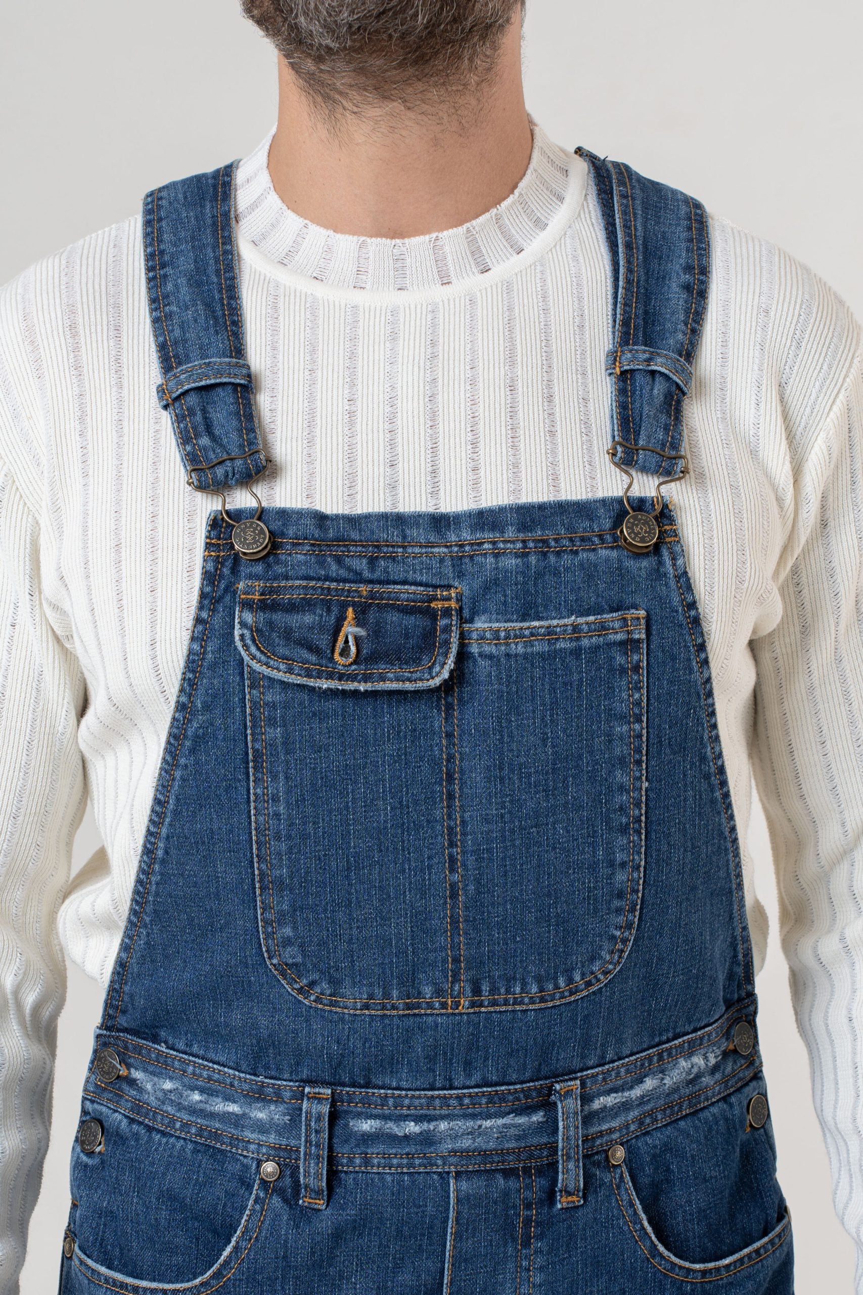 Salopette in Jeans Vita Alta e Fondo Ampio Lavaggio Scuro