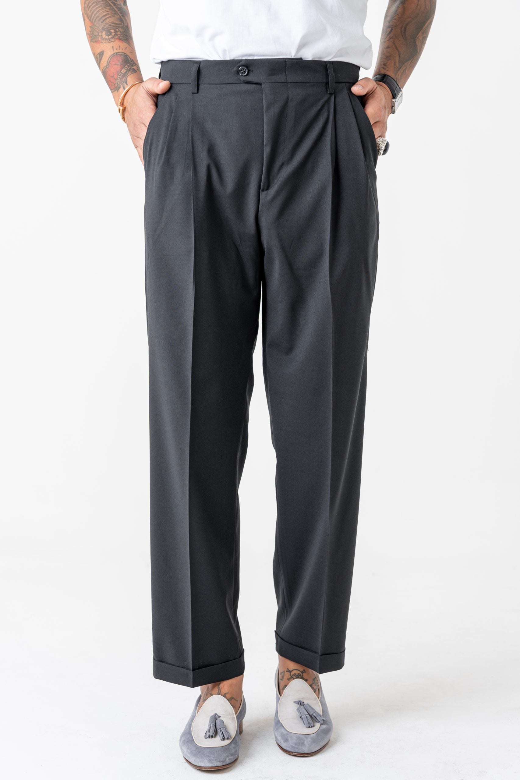 Pantalone Fondo Ampio con Passanti Nero Milano