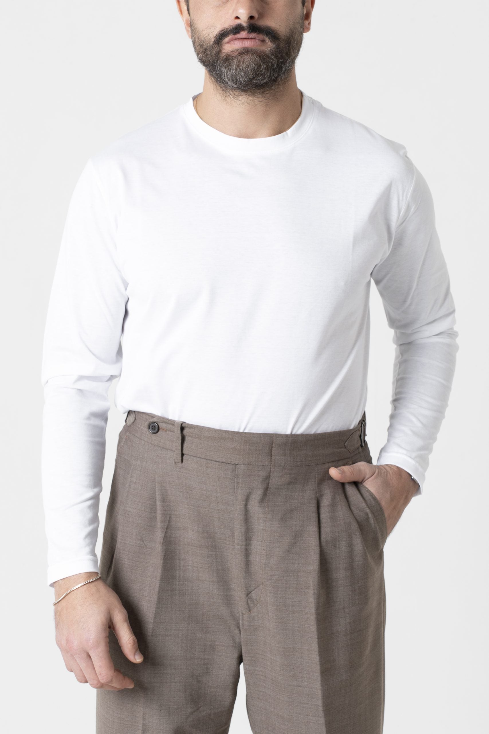 Shirt Regolare Manica Lunga Girocollo in Filo di Scozia Bianca