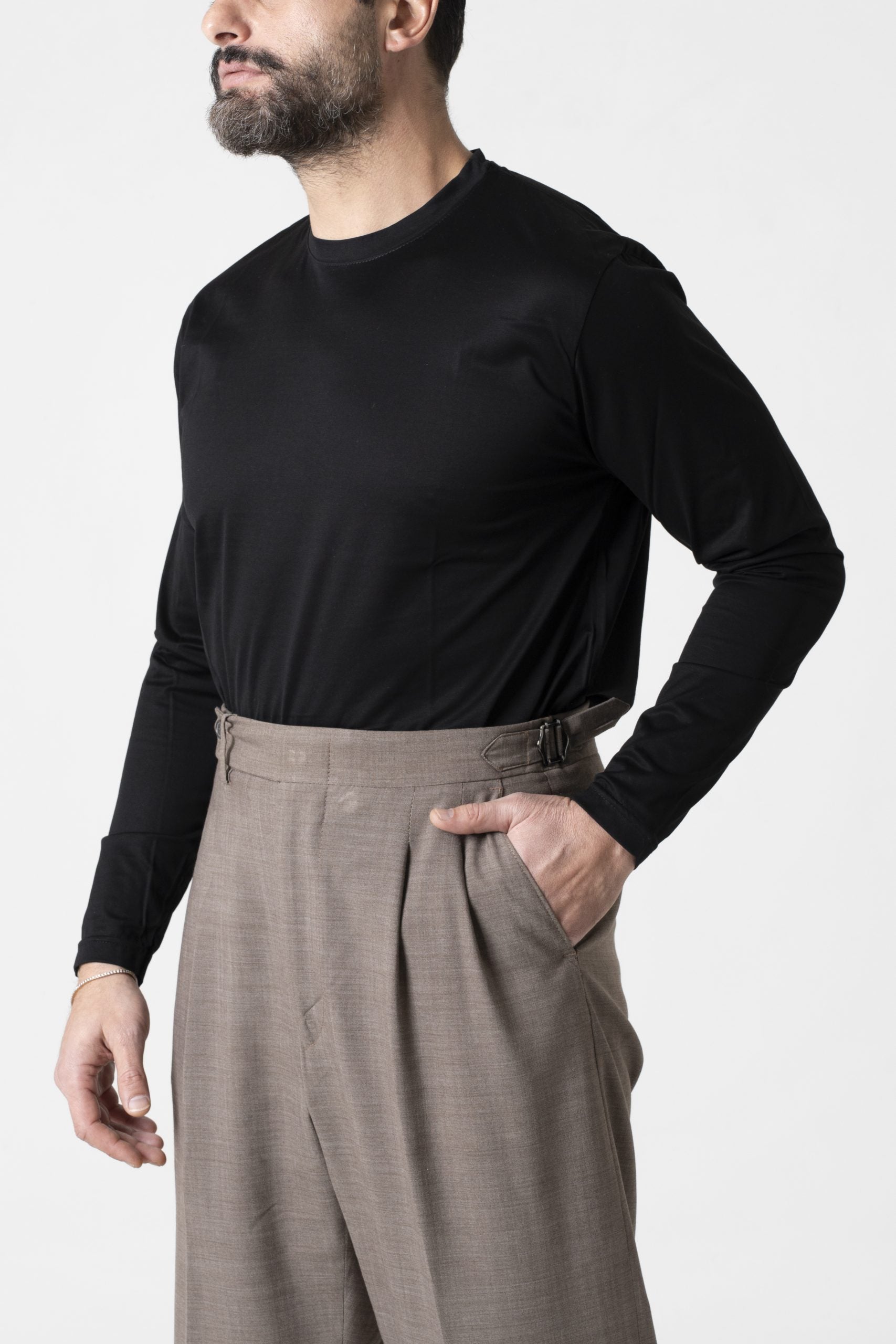 Shirt Regolare Manica Lunga Girocollo in Filo di Scozia Nera