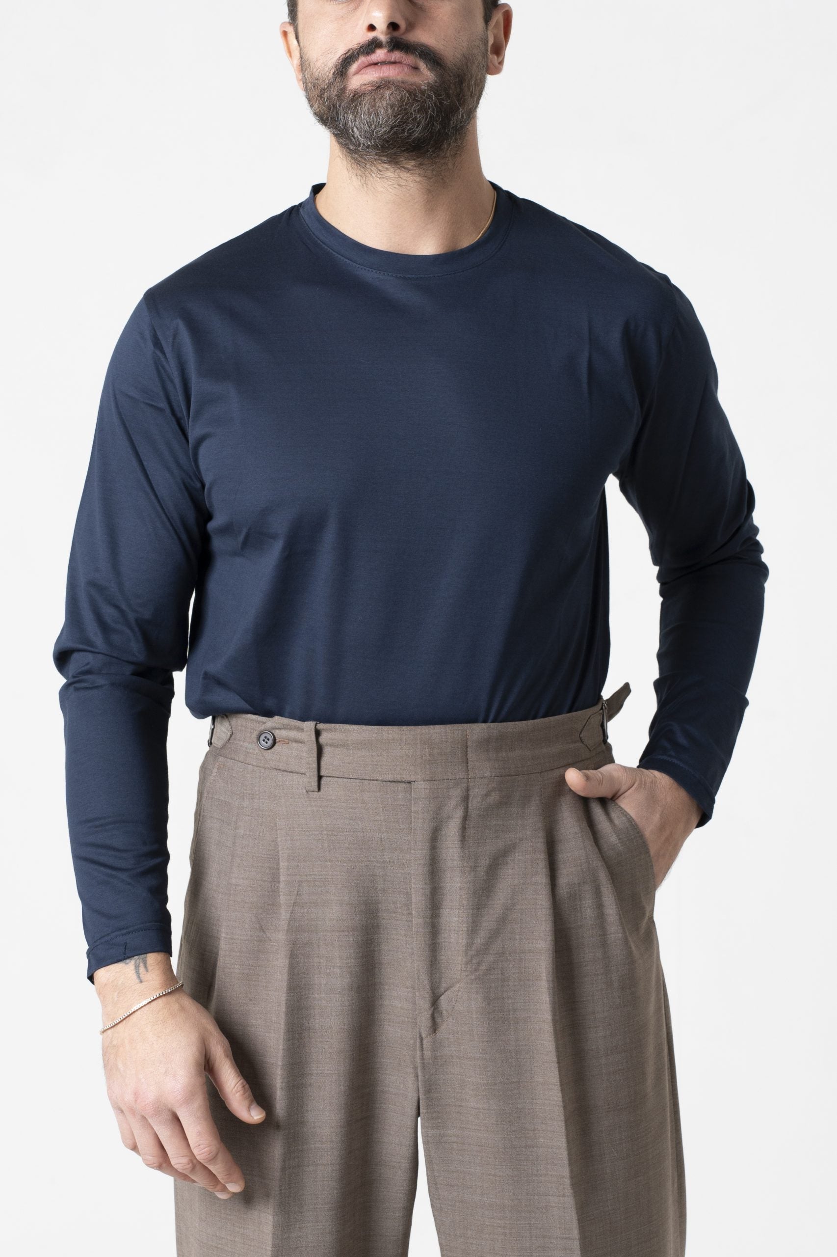 Shirt Regolare Manica Lunga Girocollo in Filo di Scozia Blu