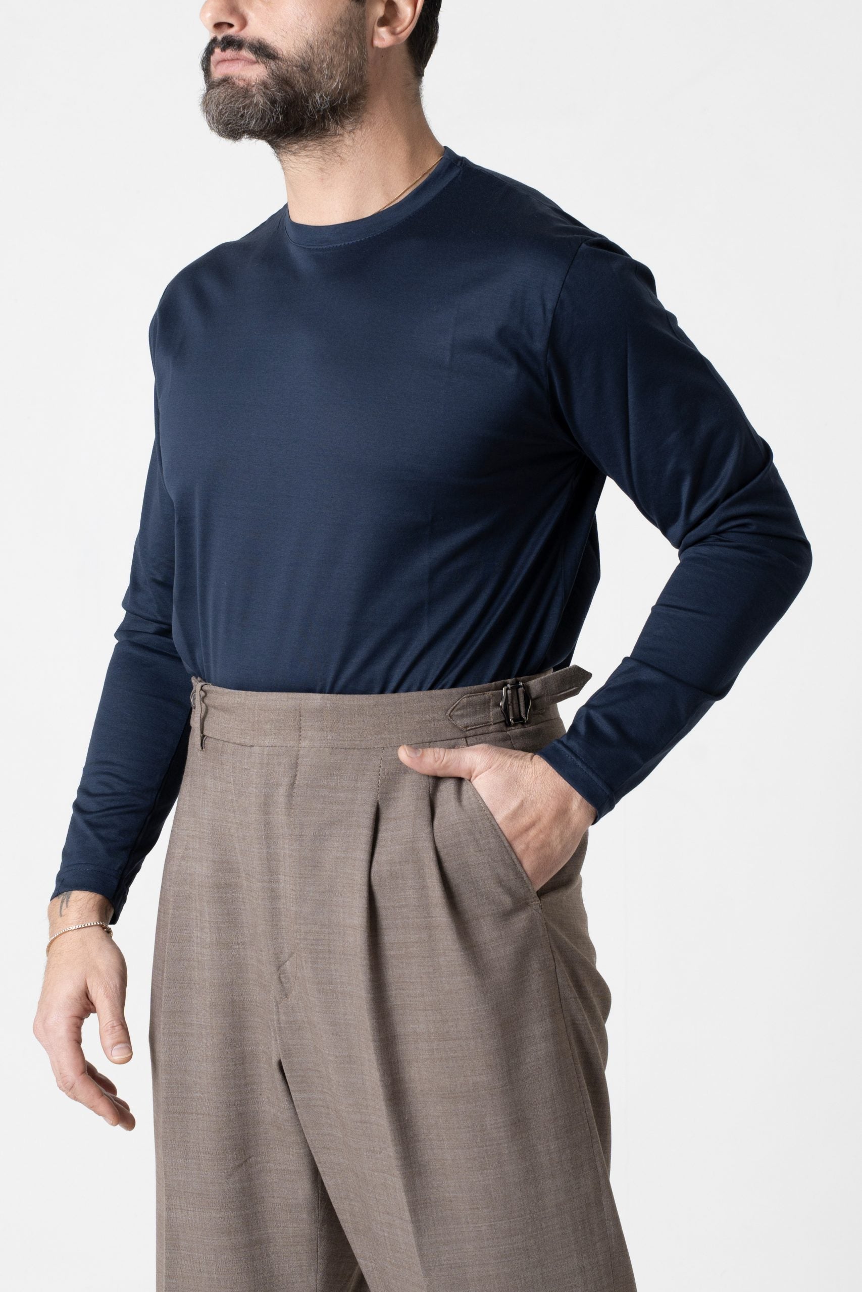 Shirt Regolare Manica Lunga Girocollo in Filo di Scozia Blu