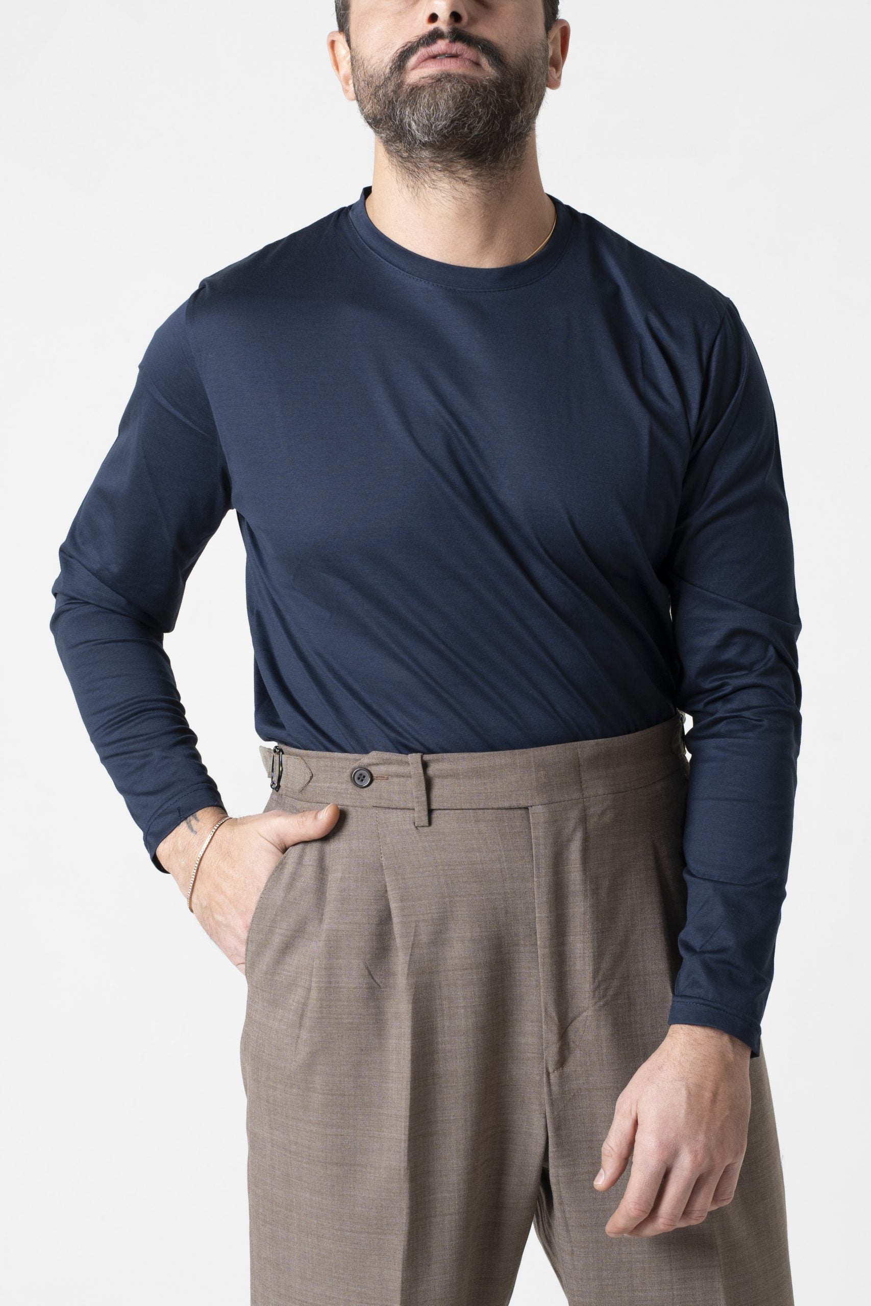 Shirt Regolare Manica Lunga Girocollo in Filo di Scozia Blu