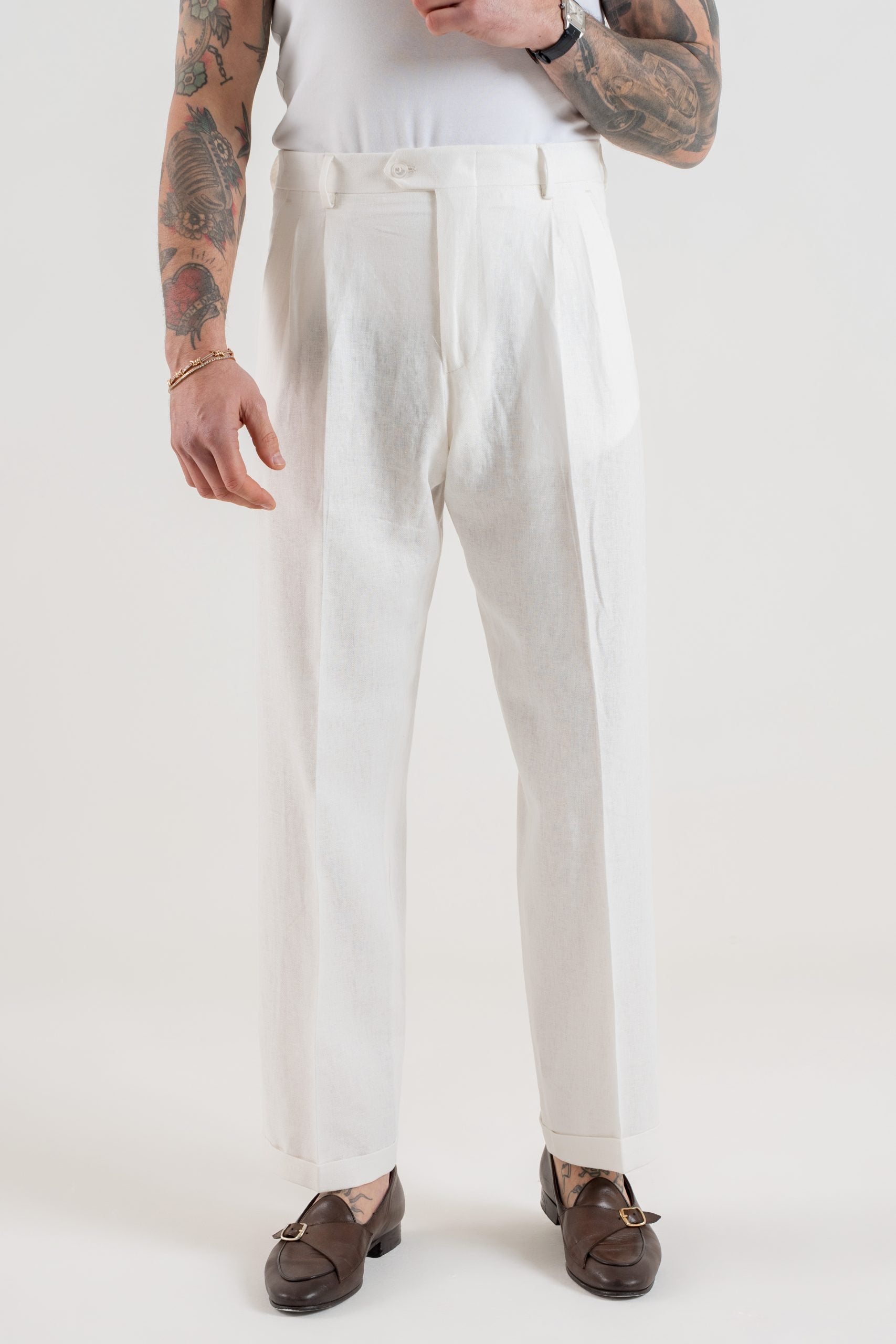 Pantalone Fondo Ampio con Passanti Spigato Bianco