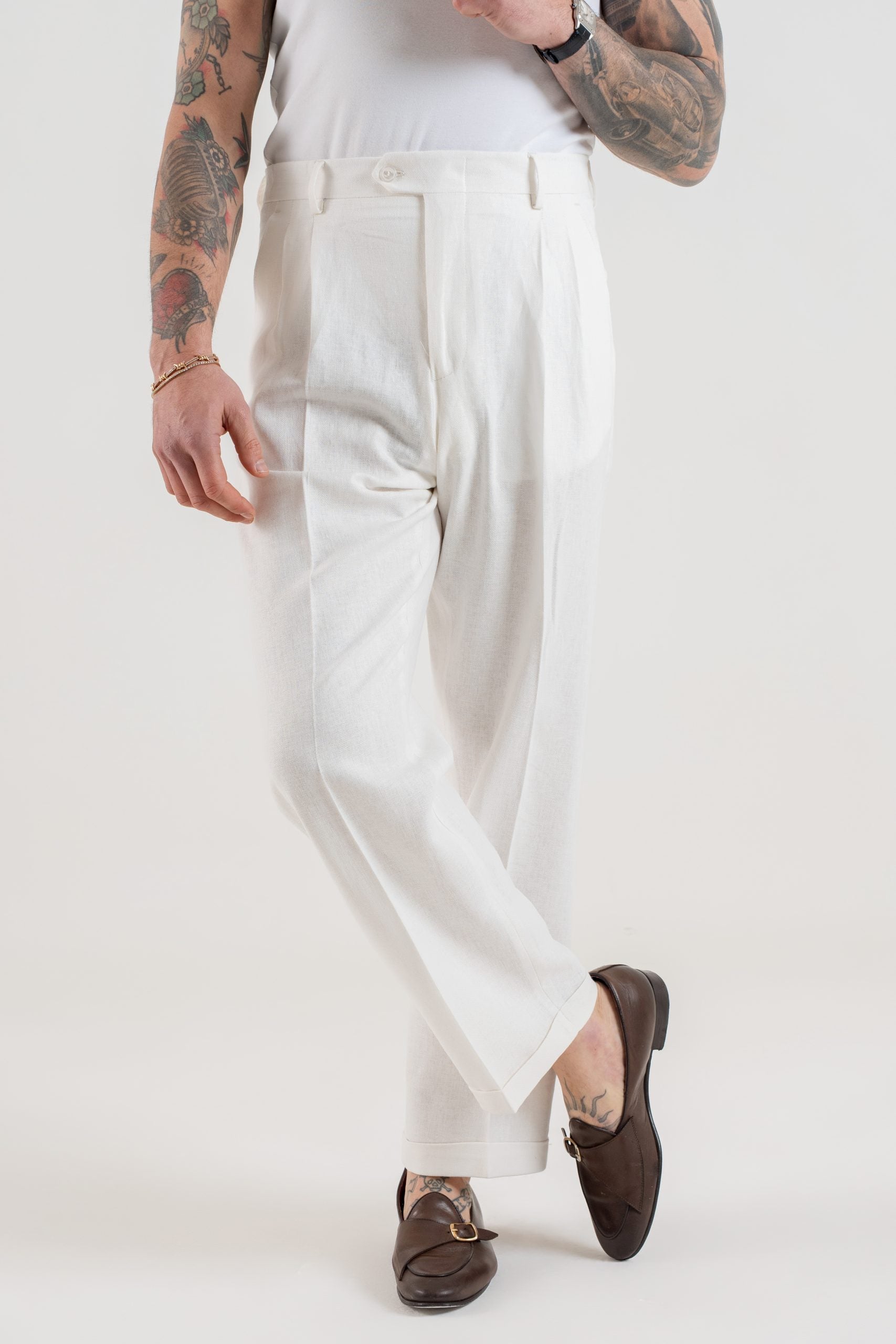 Pantalone Fondo Ampio con Passanti Spigato Bianco