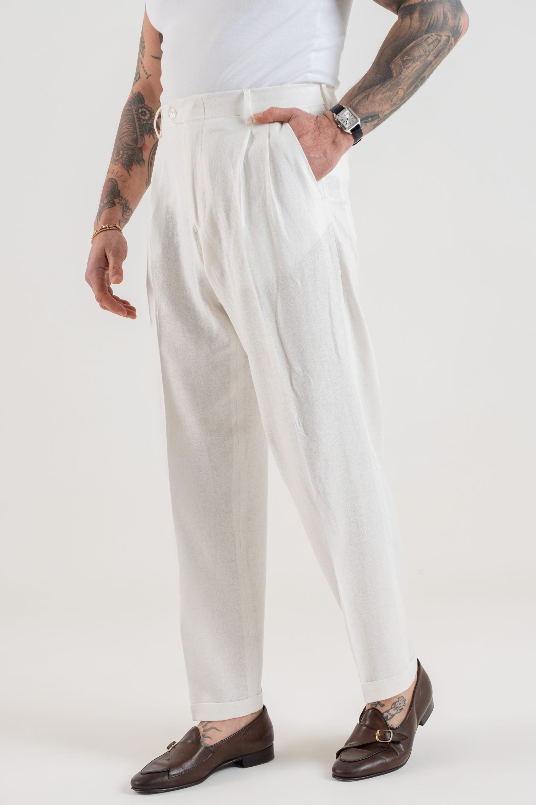 Pantalone Fondo Ampio con Passanti Spigato Bianco