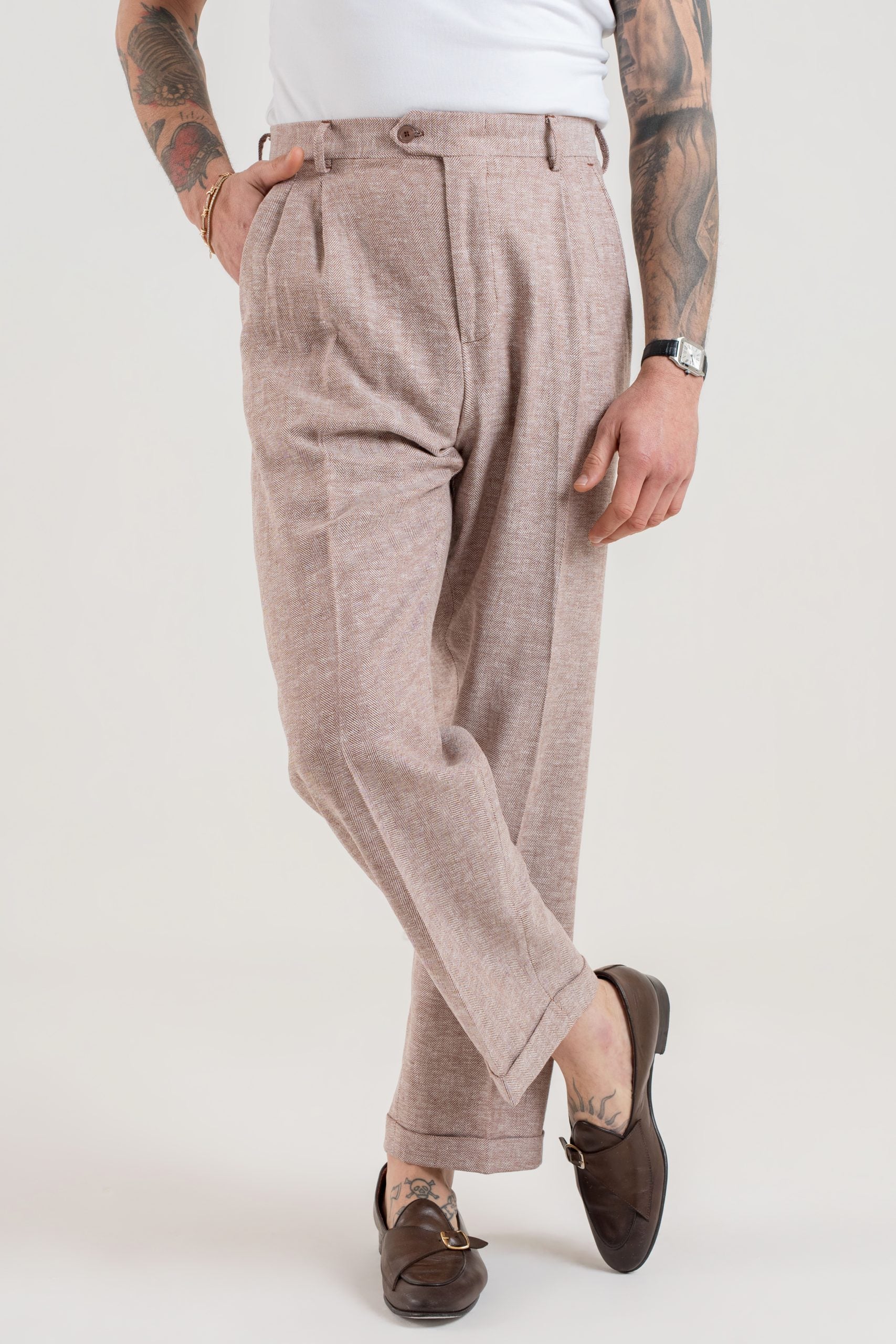 Pantalone Fondo Ampio con Passanti Spigato Cacao