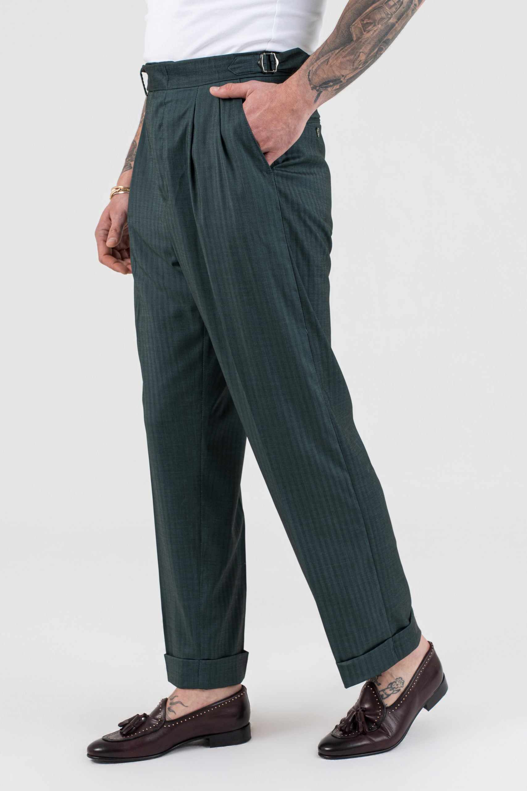 Wide-leg trousers with side buckles, green, Solaro Saint Tropez