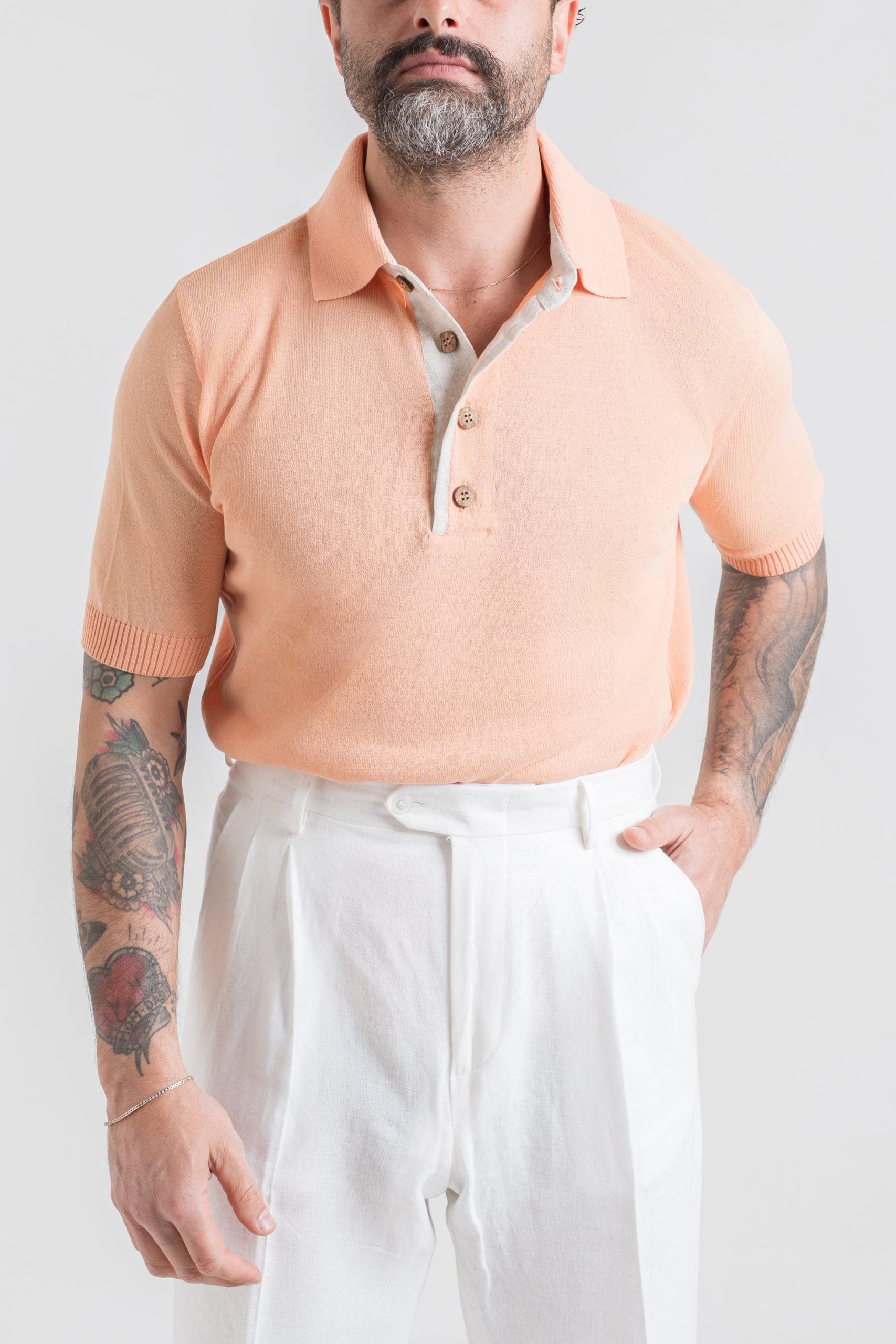 Polo in Cotone con Riporti in Lino Pesca