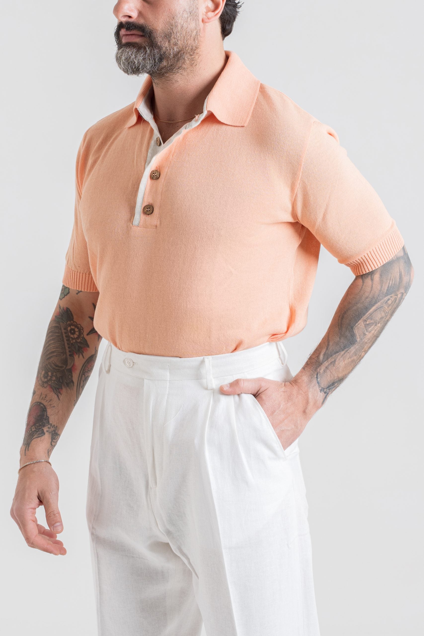 Polo in Cotone con Riporti in Lino Pesca