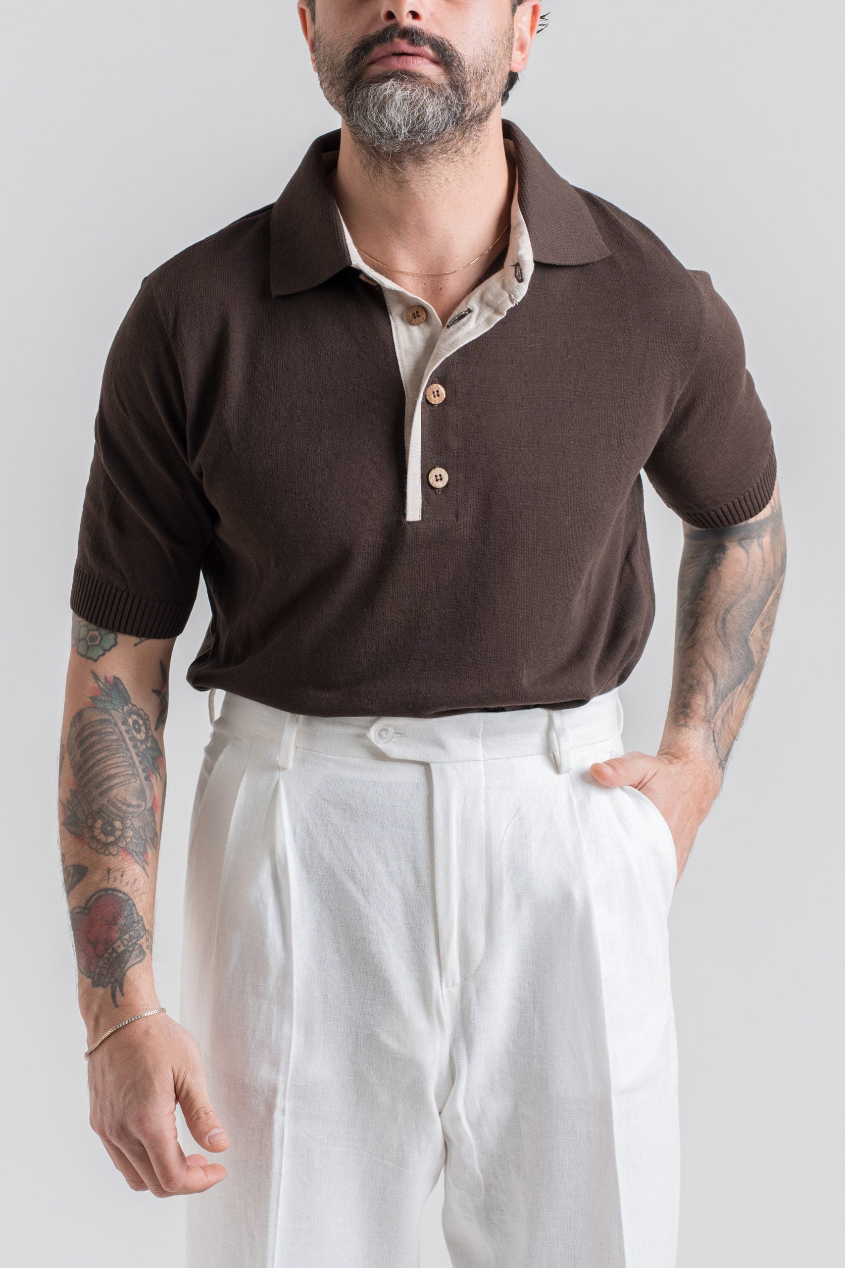 Polo in Cotone con Riporti in Lino Moro