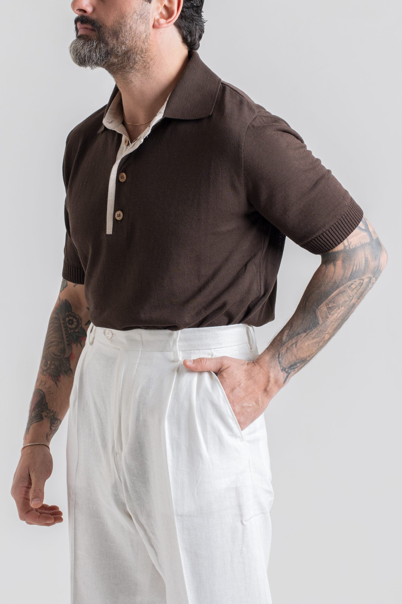 Polo in Cotone con Riporti in Lino Moro