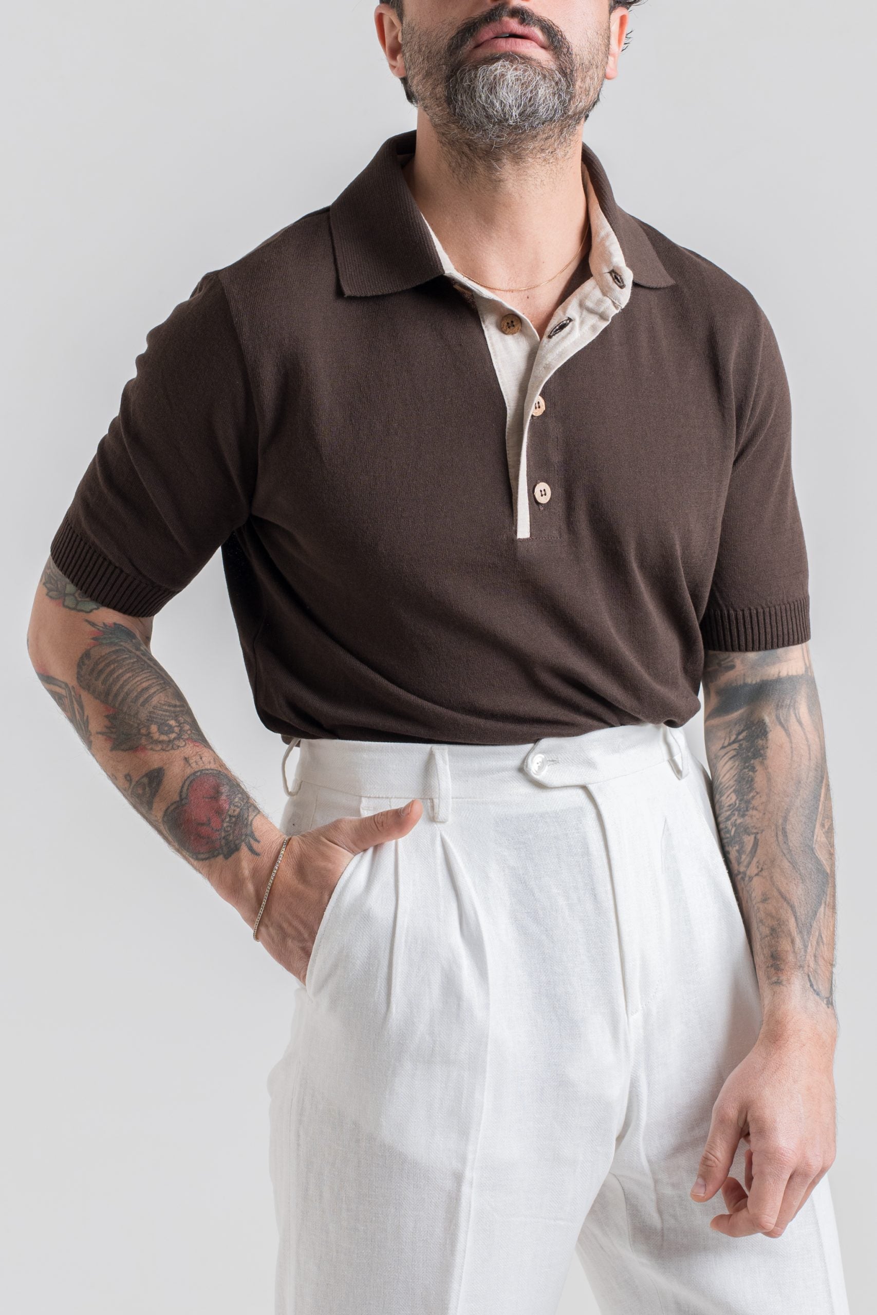 Polo in Cotone con Riporti in Lino Moro
