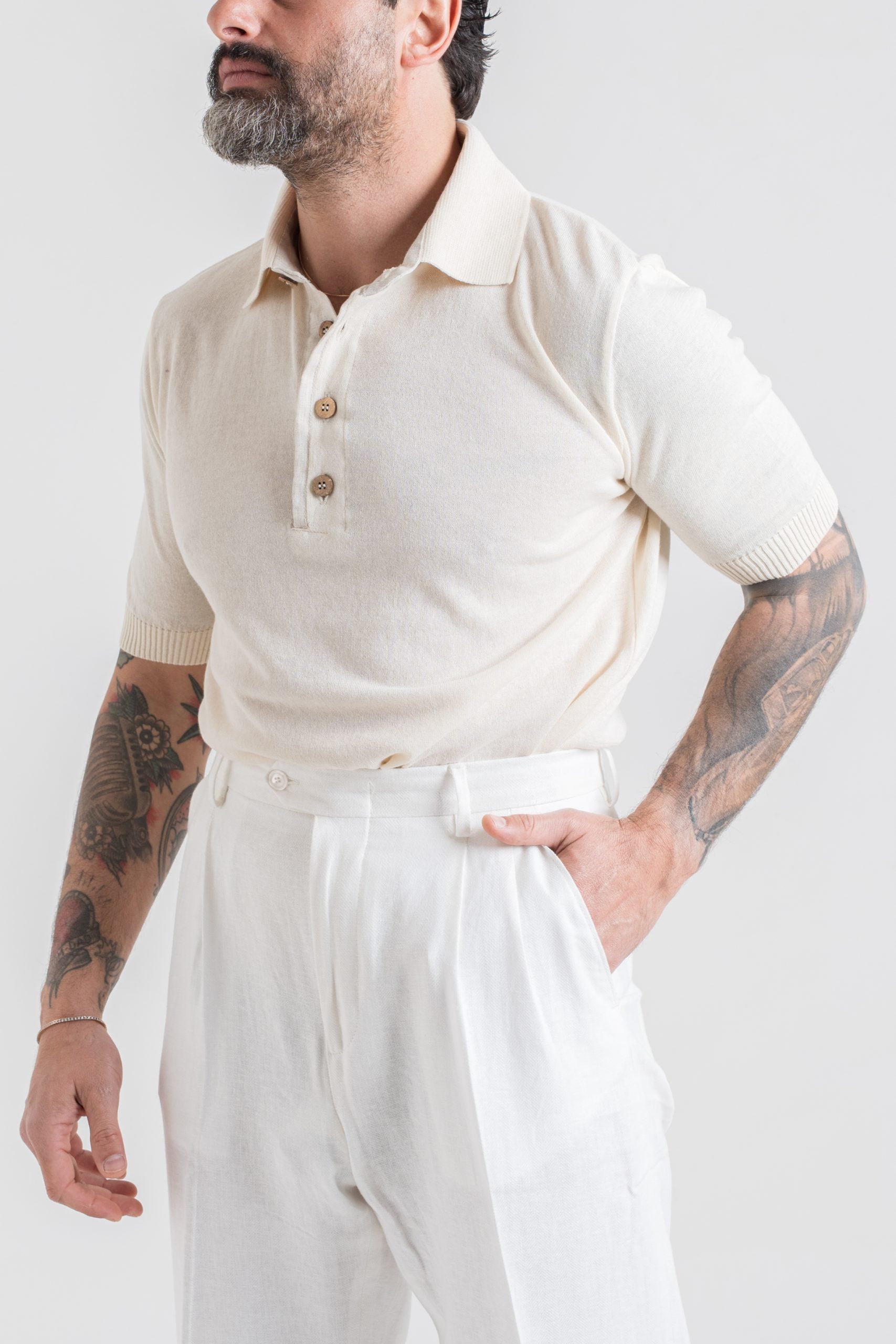 Polo in Cotone con Riporti in Lino Burro