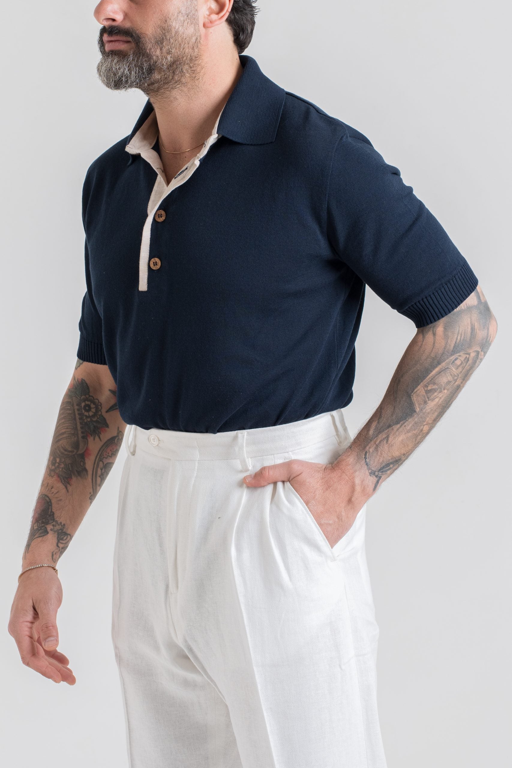 Polo in Cotone con Riporti in Lino Blu