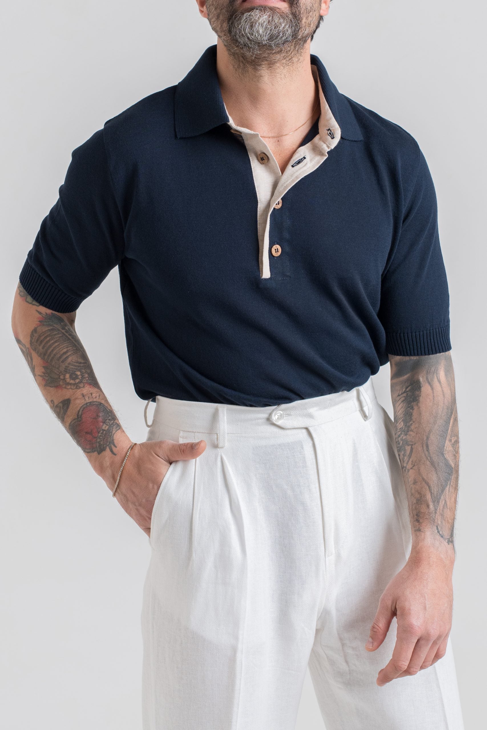 Polo in Cotone con Riporti in Lino Blu