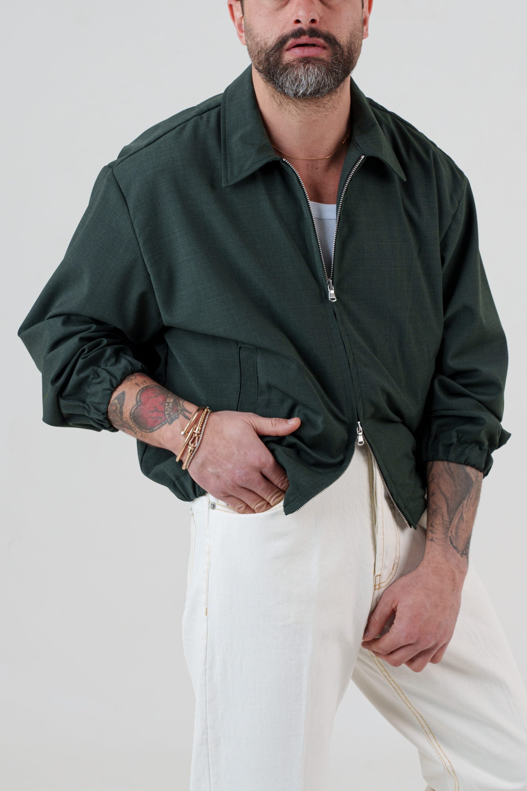 Bomber in Fresco Lana Verde Bosco Cannes