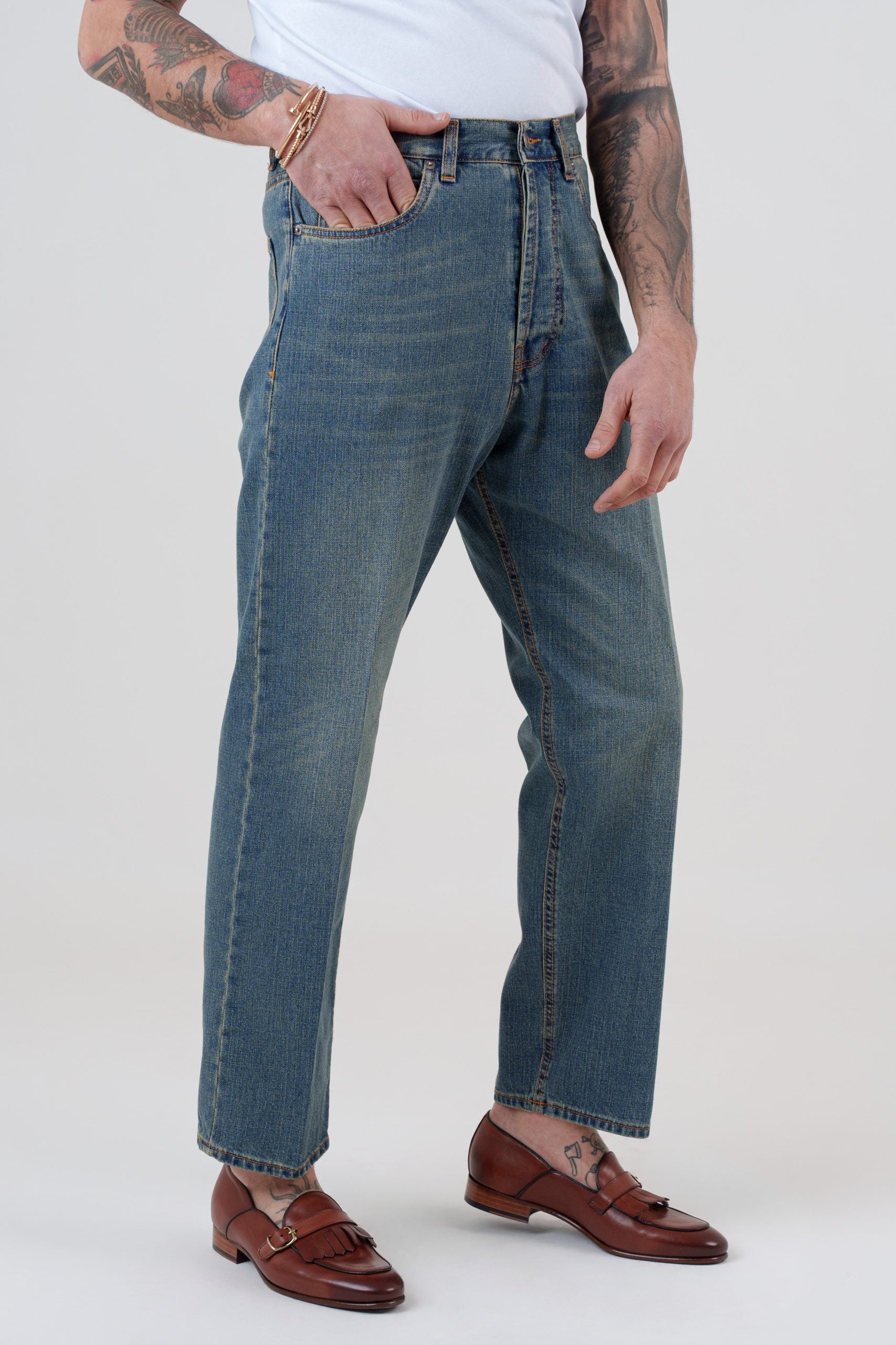 Jeans Vita Alta Fondo Ampio Sabbiato