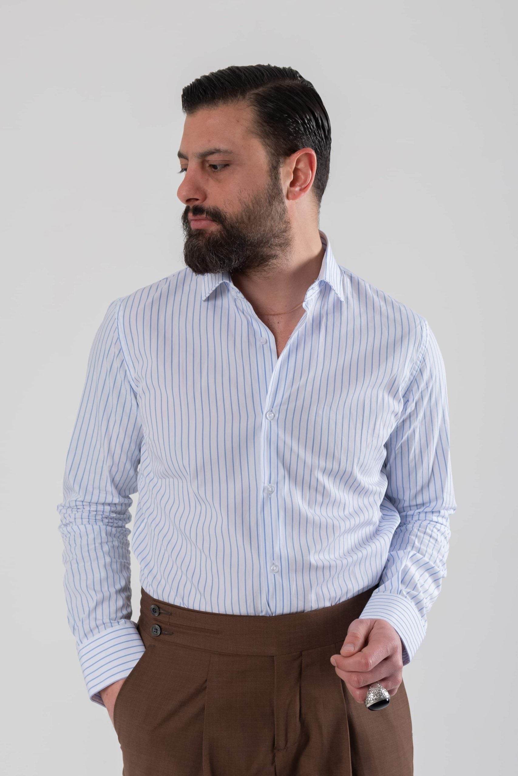 Camicia Collo Francese Riga Azzurra