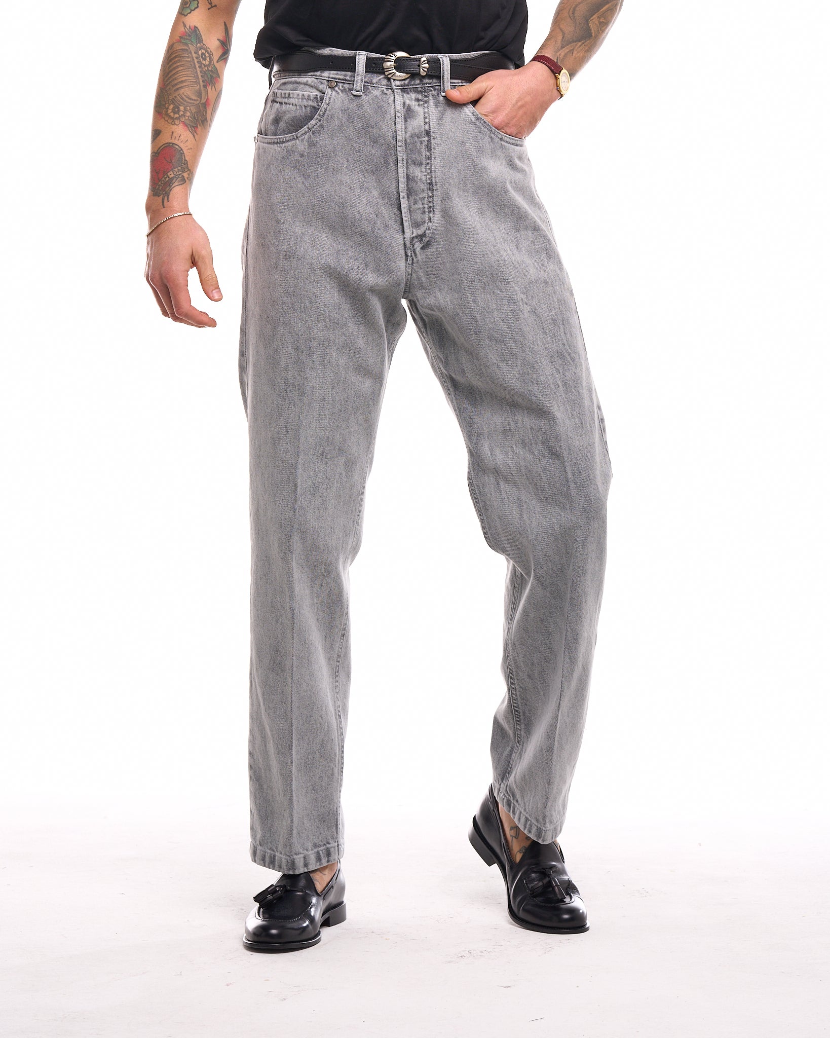 Jeans Vita Alta Fondo Ampio Grigio Marmorizzato