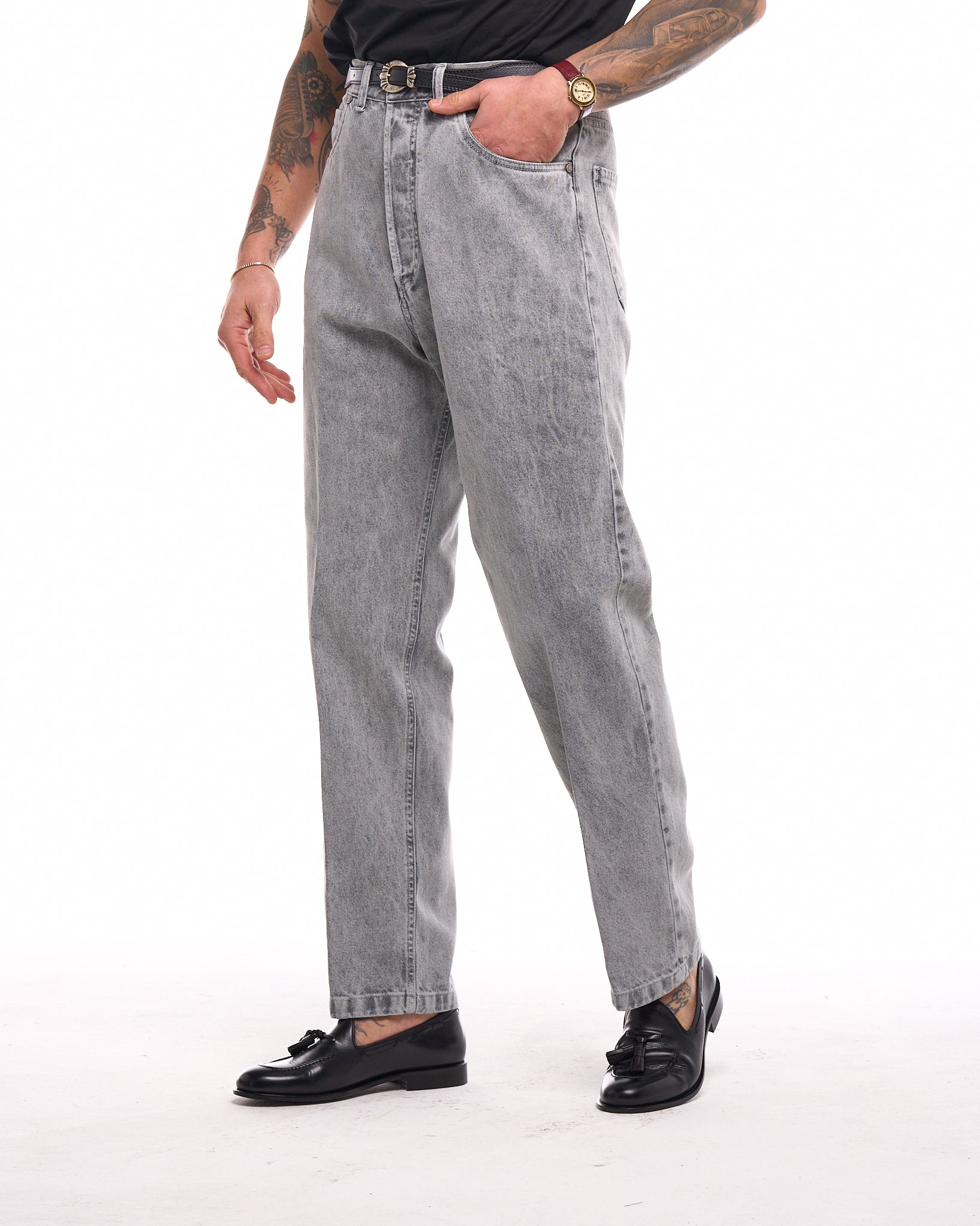 Jeans Vita Alta Fondo Ampio Grigio Marmorizzato