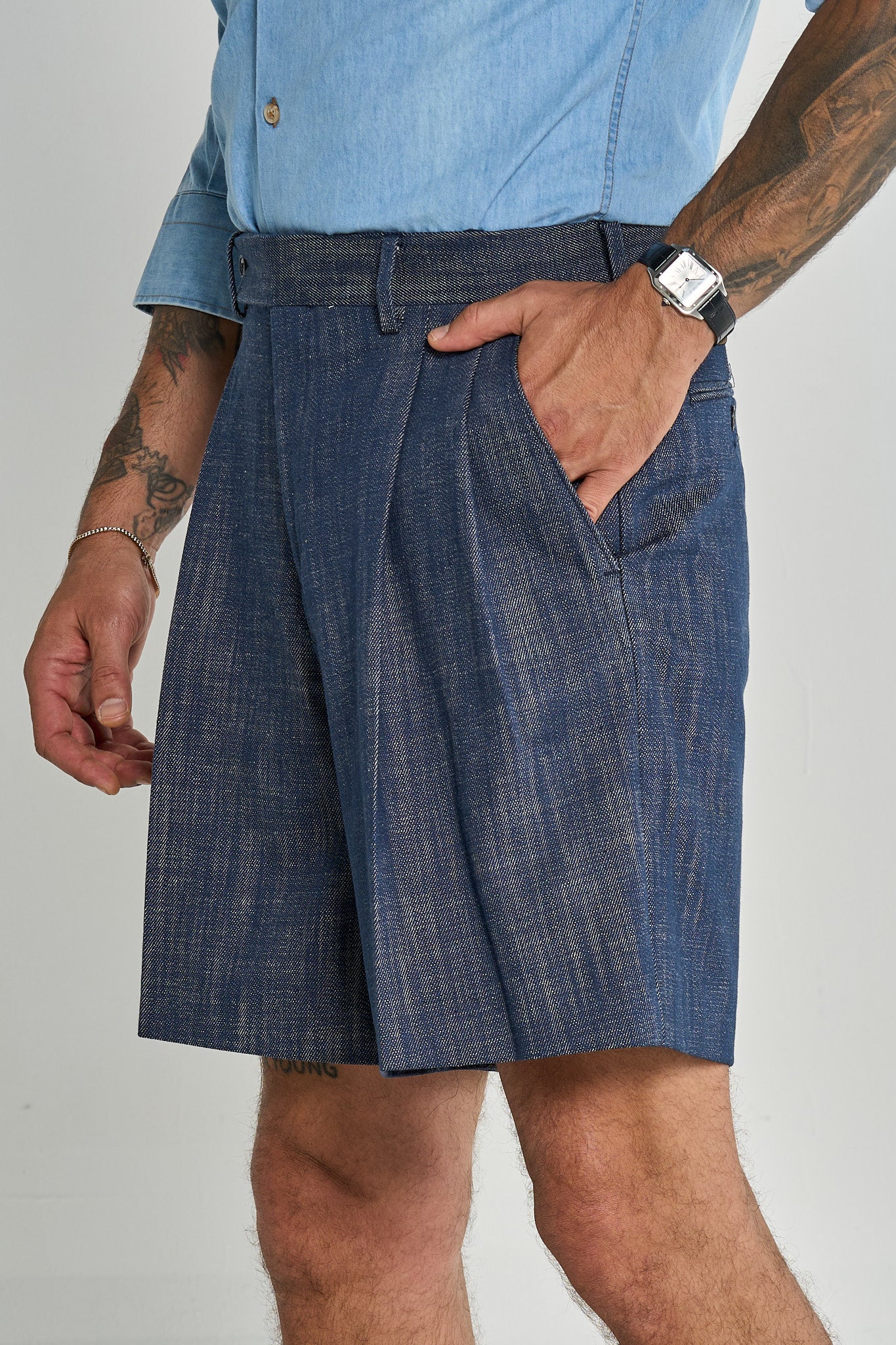 Bermuda Cinta Lunga con Passanti 100% Cotone Effetto Denim Scuro