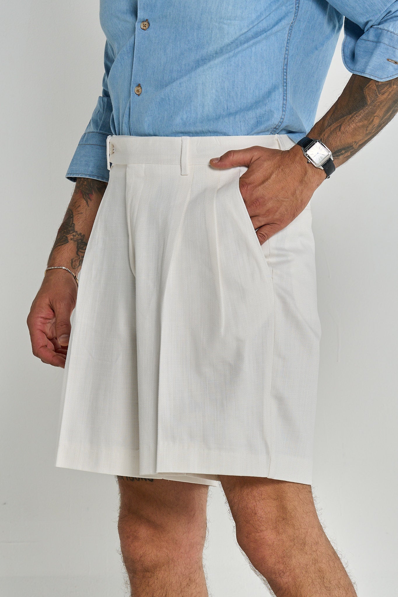 Bermuda Cinta Lunga con Passanti 100% Cotone Effetto Denim Bianco