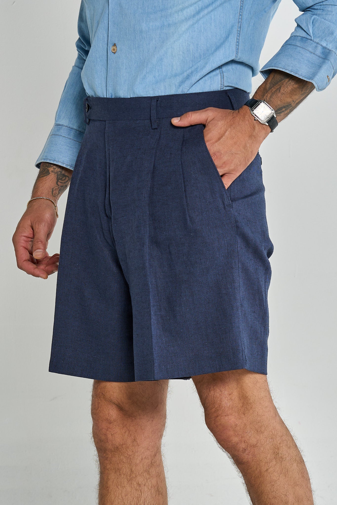 Bermuda Cinta Lunga con Passanti Lino/Cotone Blu