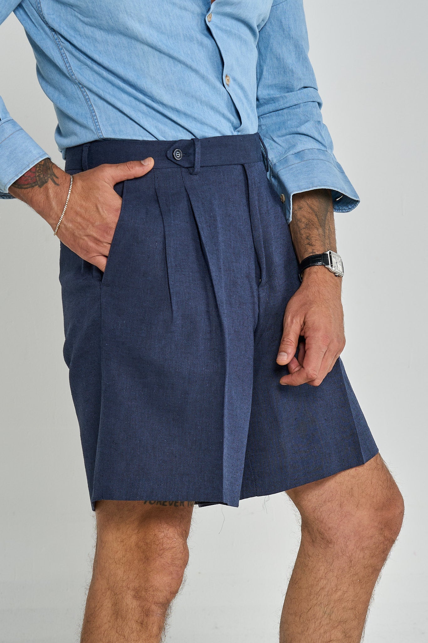 Bermuda Cinta Lunga con Passanti Lino/Cotone Blu