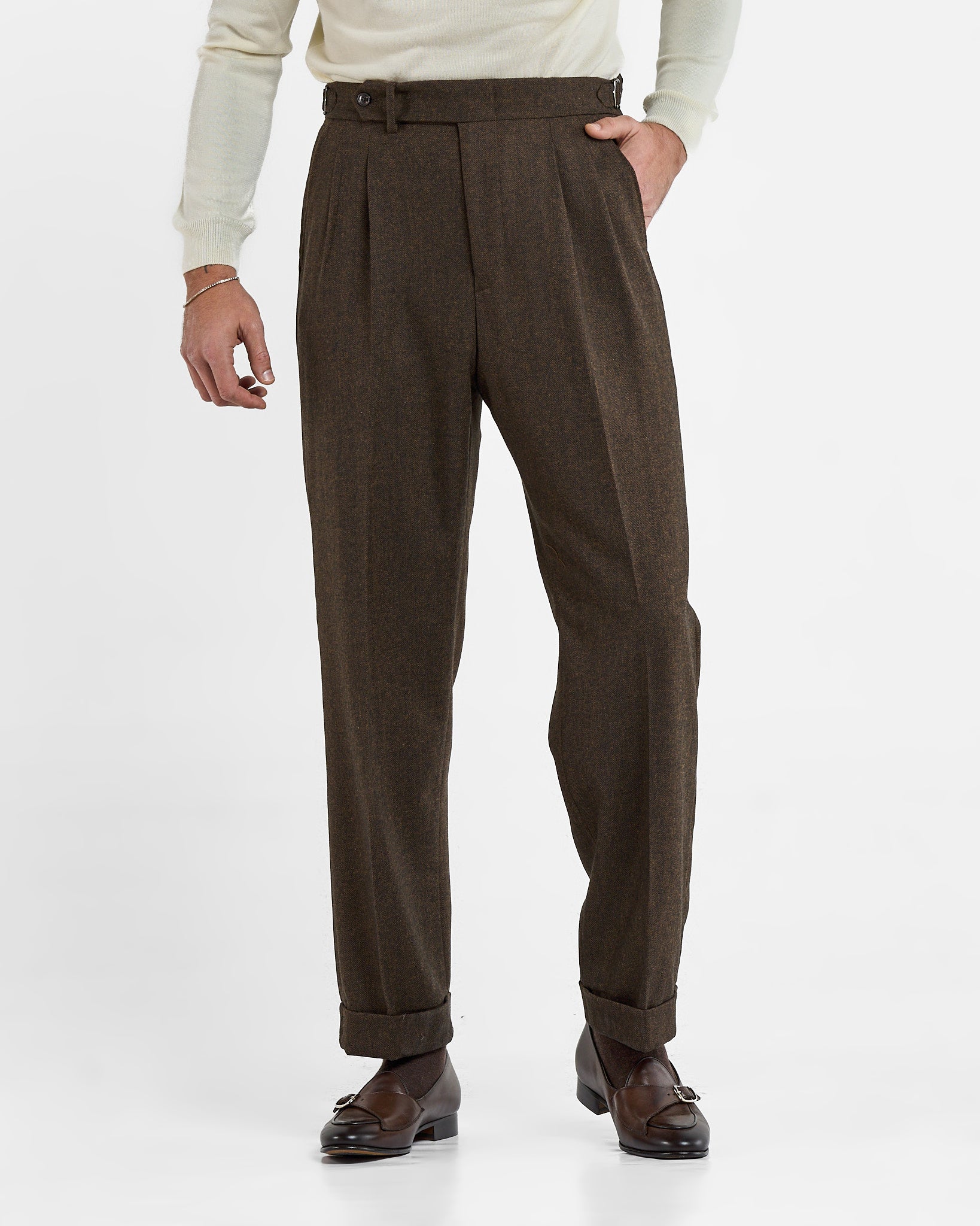 Pantalone Fondo Ampio e Fibbie Laterali in Flanella Spigato Marrone Courmayeur