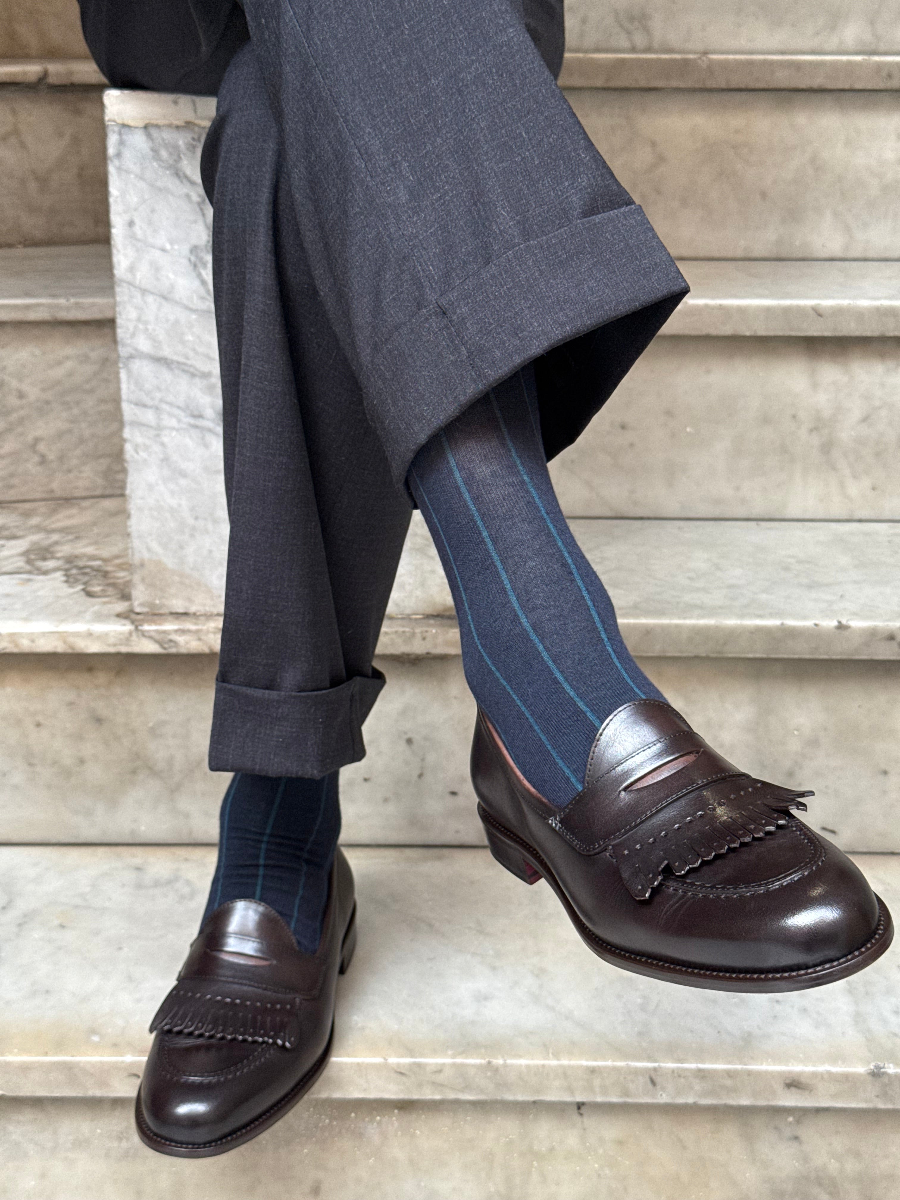 Calza in Cashmere e Cotone a Righe Blu e Petrolio