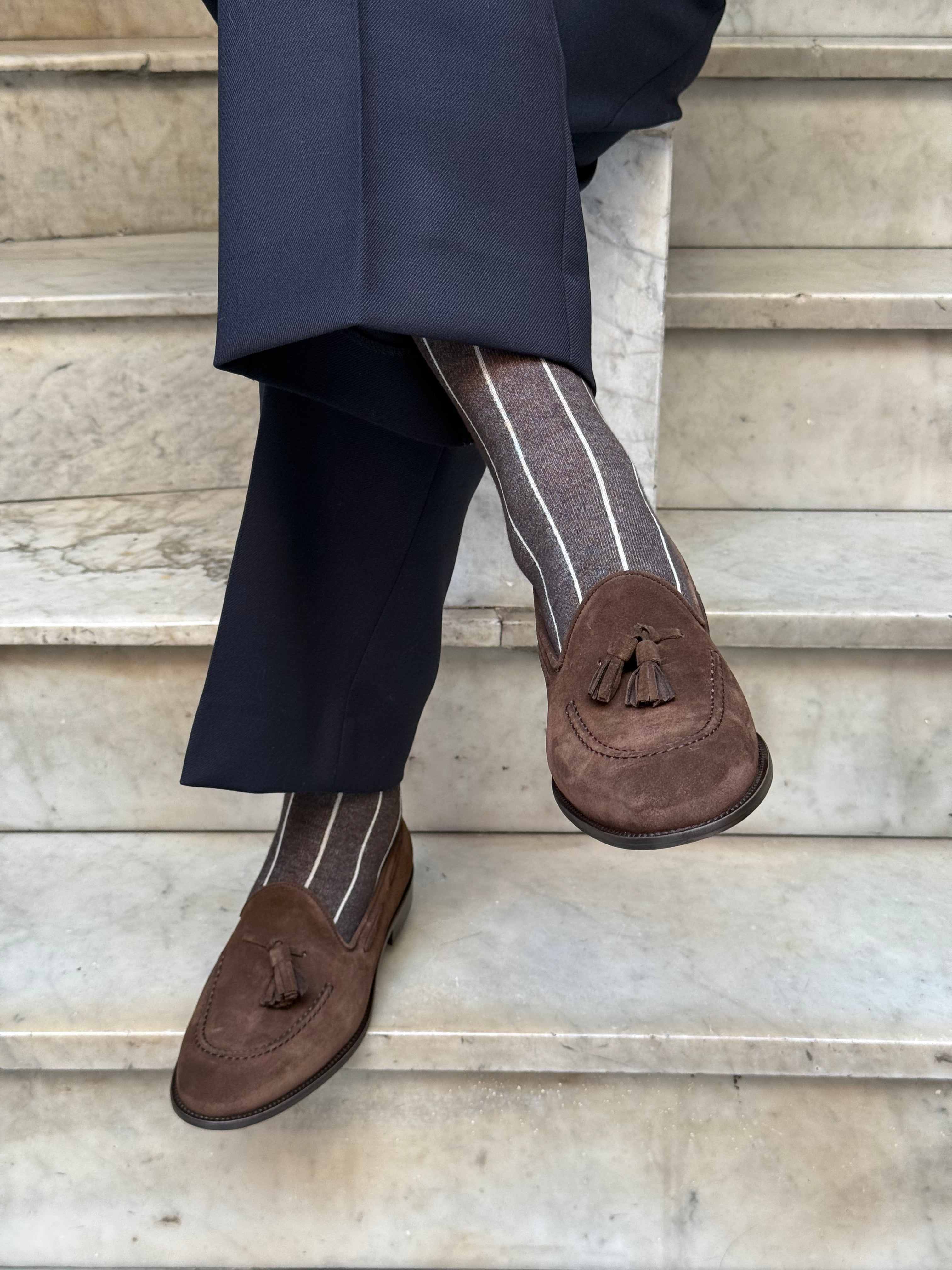 Calza in Cashmere e Cotone a Righe Moro e Beige