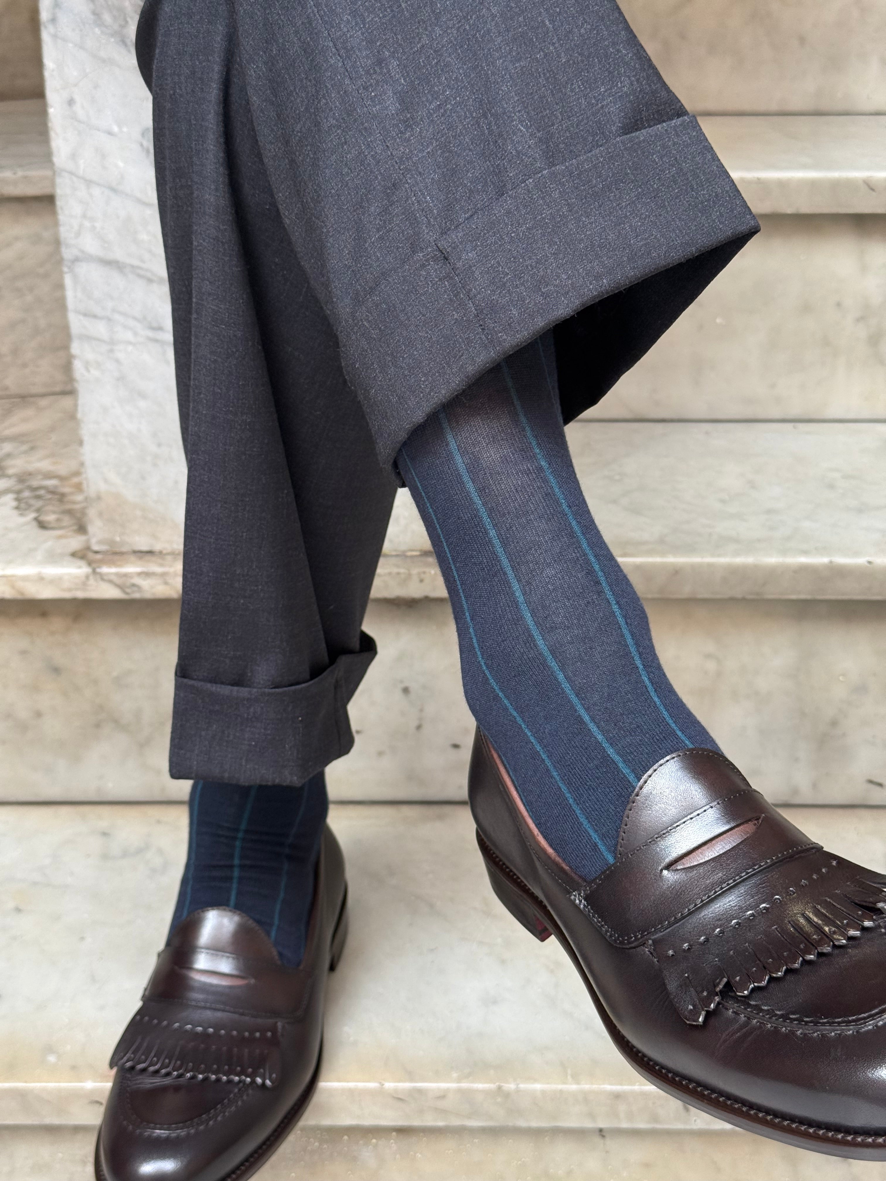 Calza in Cashmere e Cotone a Righe Blu e Petrolio