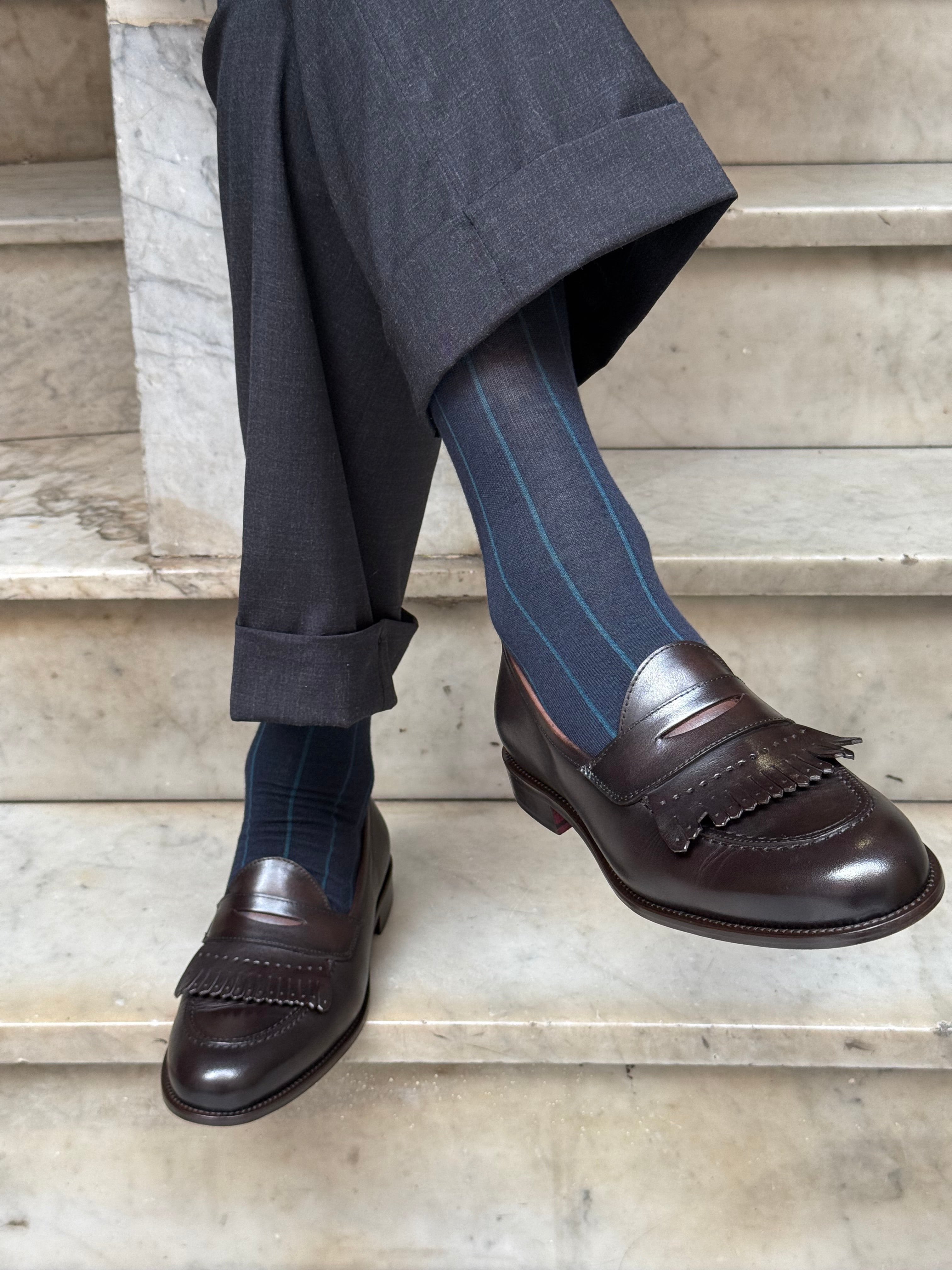 Calza in Cashmere e Cotone a Righe Blu e Petrolio