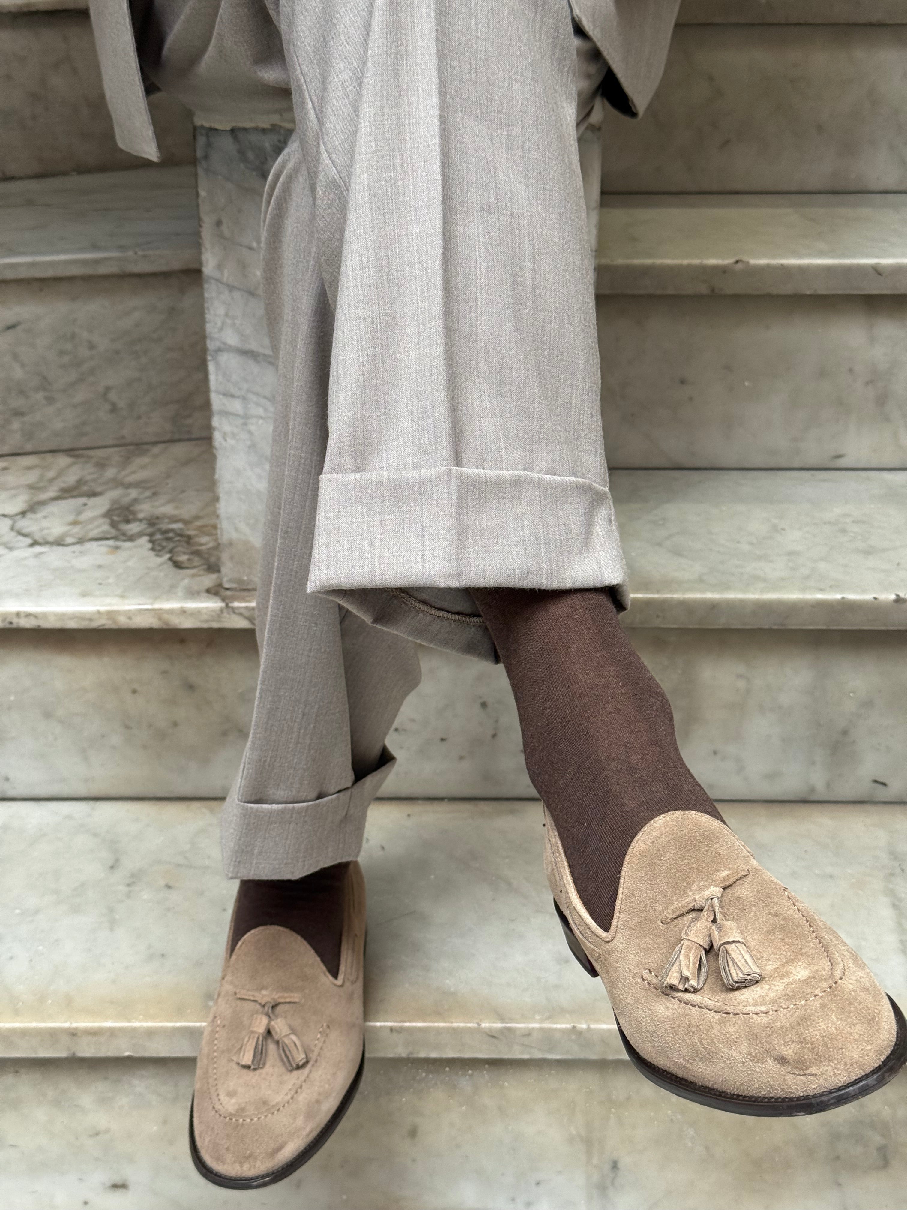 Calcetines de cachemir y algodón a rayas marrón oscuro y beige