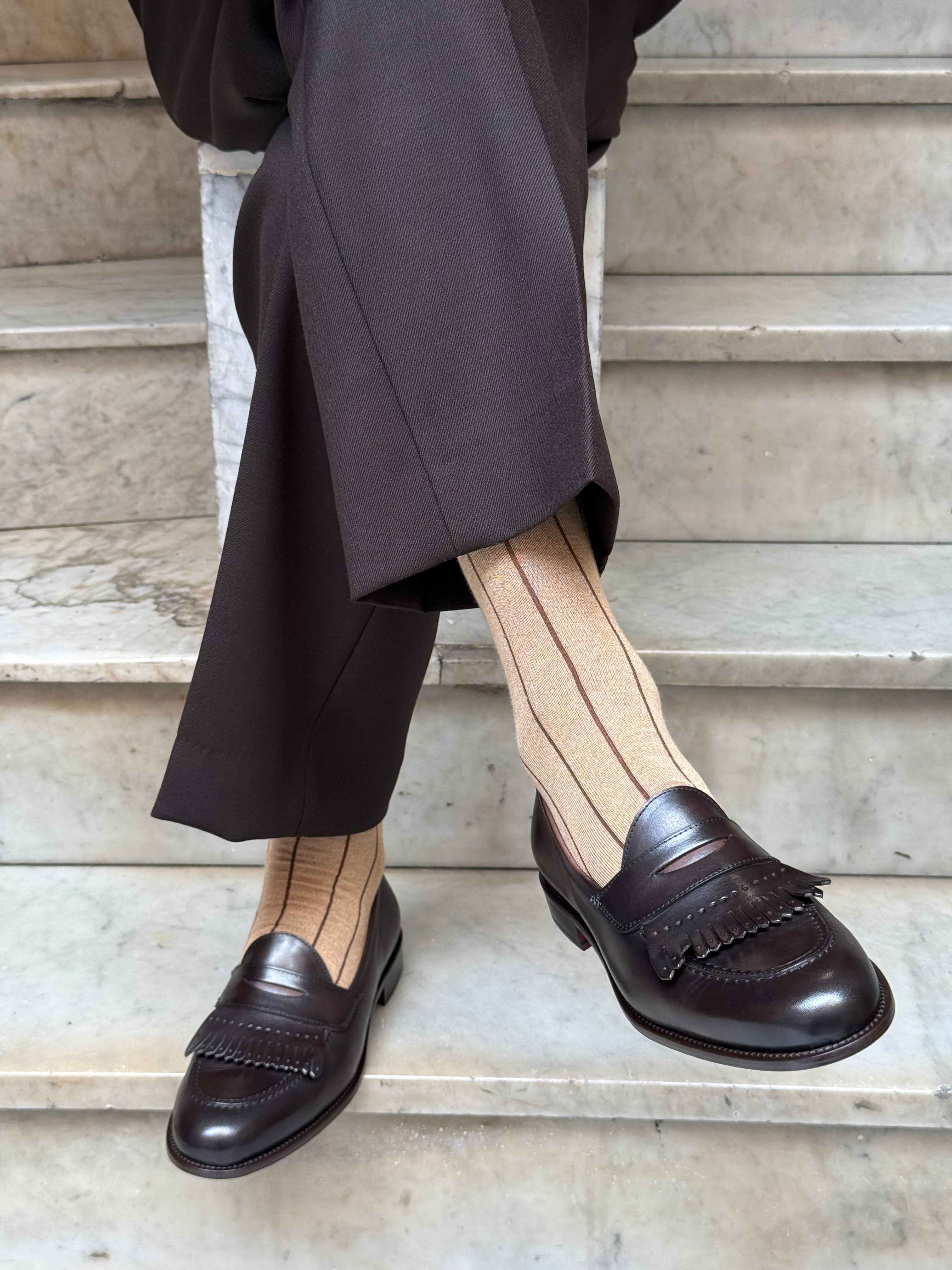 Calza in Cashmere e Cotone a Righe Beige e Moro